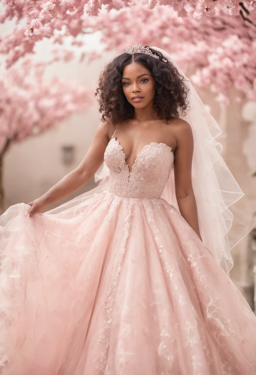 (Full body photograph of 1 very black girl with curly hair wedding dress with large transparent veil and pink color dress + suave e delicado + cabelos loiros)+(Vestido longo em cores brilhantes, Luz brilhante, Cabelo loiro longo e liso + Olhos brilhantes e acolhedores)+(pink petals + Brisa suave + with blue sky and white clouds + Bosques verdes e floridos)