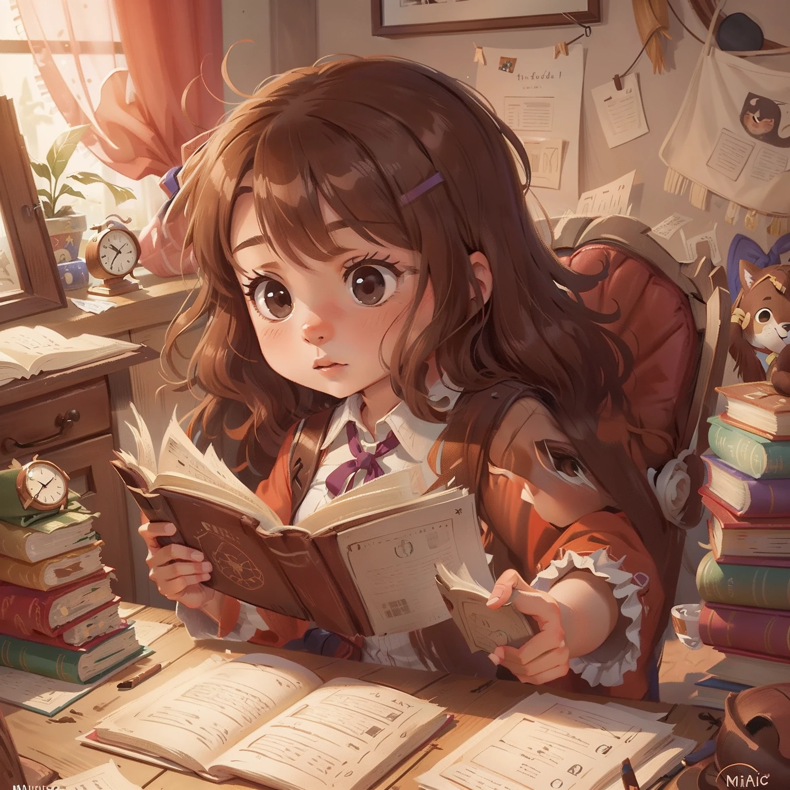 Mia is 9 years old and has flowing brown hair, carefully flips through the old pages of the book, magic world inside the book, fascinated by what she discovers.