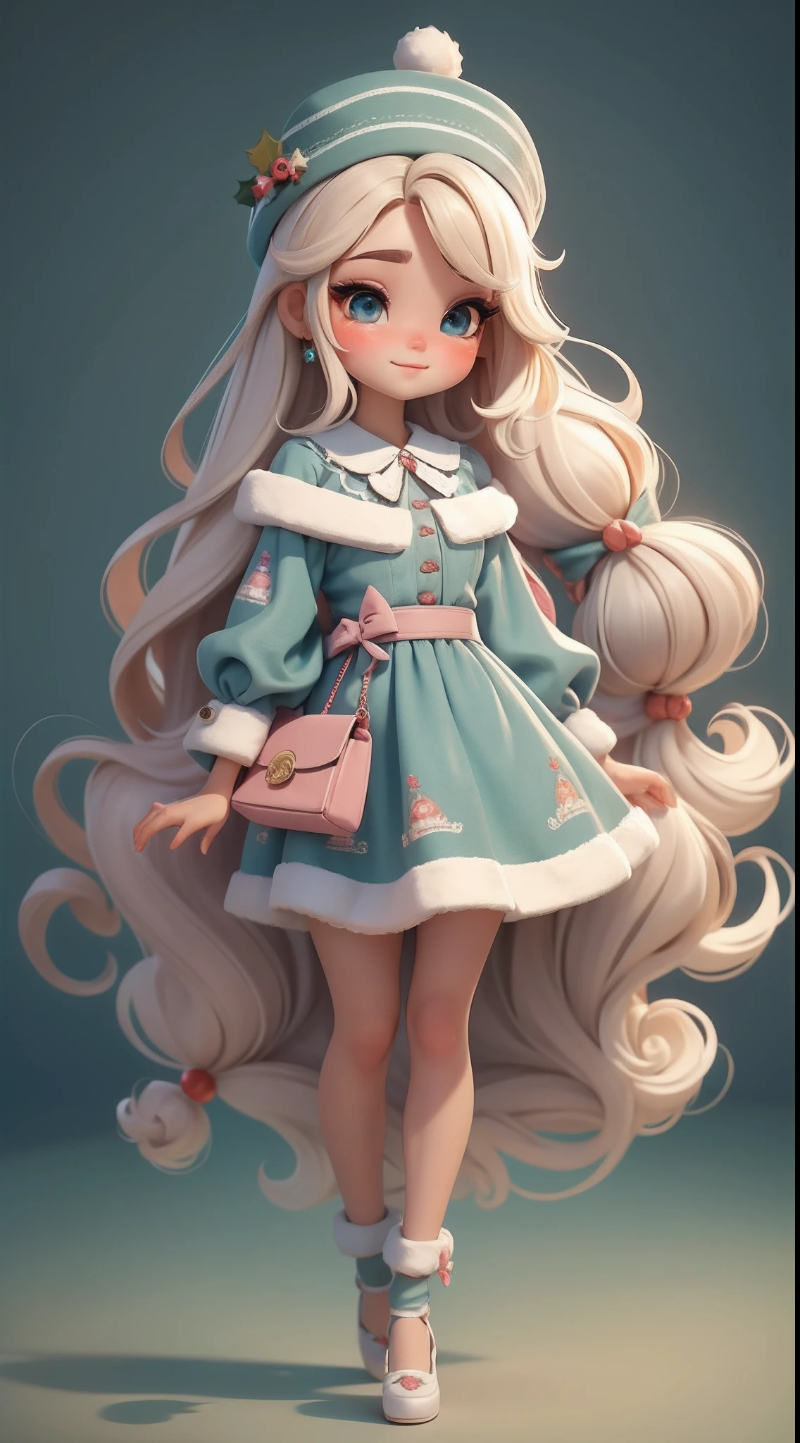 Create a series of loli chibi style dolls with a cute Christmas theme, each with lots of detail and in an 8K resolution. All dolls should follow the same solid background pattern and be complete in the image, mostrando o (corpo inteiro, incluindo as pernas: 1.5)
Boneca Natal: Chame-a de Bella. Ela deve ter cabelo longo e cacheado em tons pastel, amarrado em duas marias-chiquinhas. Seus olhos devem ser grandes e brilhantes, with long eyelashes and rosy cheeks. Bella deve estar vestida com um vestido delicado e longo, com avental estampado e saia longa rodada. She should wear a hat and have Christmas accessories on hand, while in the other has nothing. Don't forget the details, com detalhes coloridos e enfeites encantadores, sapato bonito
Certifique-se de adicionar sombras, texturas e detalhes nos cabelos, roupas, Cute accessories of each doll, to make them even more adorable and charming.