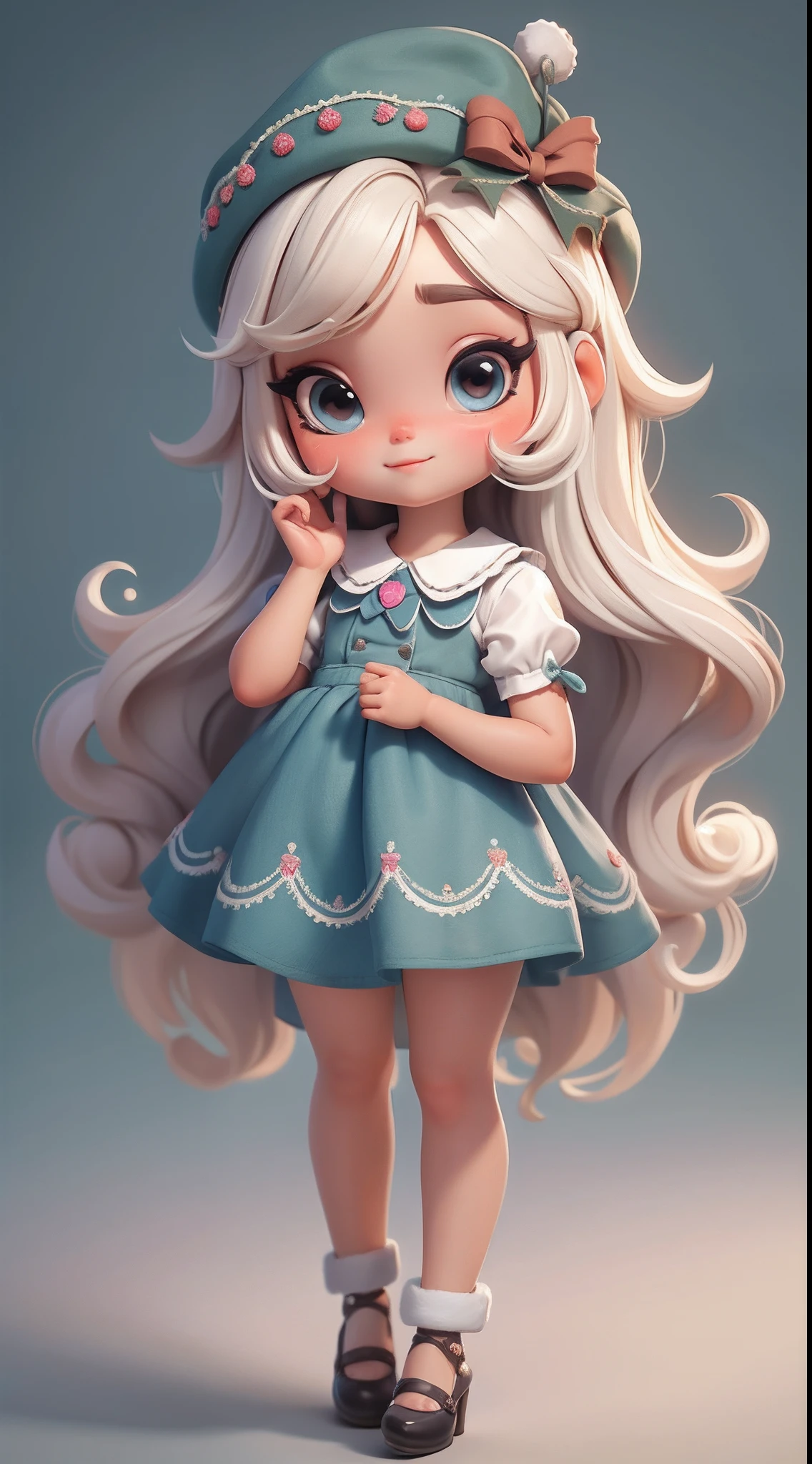 Create a series of loli chibi style dolls with a cute Christmas theme, each with lots of detail and in an 8K resolution. All dolls should follow the same solid background pattern and be complete in the image, mostrando o (corpo inteiro, incluindo as pernas: 1.5)
Boneca Natal: Chame-a de Bella. Ela deve ter cabelo longo e cacheado em tons pastel, amarrado em duas marias-chiquinhas. Seus olhos devem ser grandes e brilhantes, with long eyelashes and rosy cheeks. Bella deve estar vestida com um vestido delicado e longo, com avental estampado e saia longa rodada. She should wear a hat and have Christmas accessories on hand, while in the other has nothing. Don't forget the details, com detalhes coloridos e enfeites encantadores, sapato bonito
Certifique-se de adicionar sombras, texturas e detalhes nos cabelos, roupas, Cute accessories of each doll, to make them even more adorable and charming.