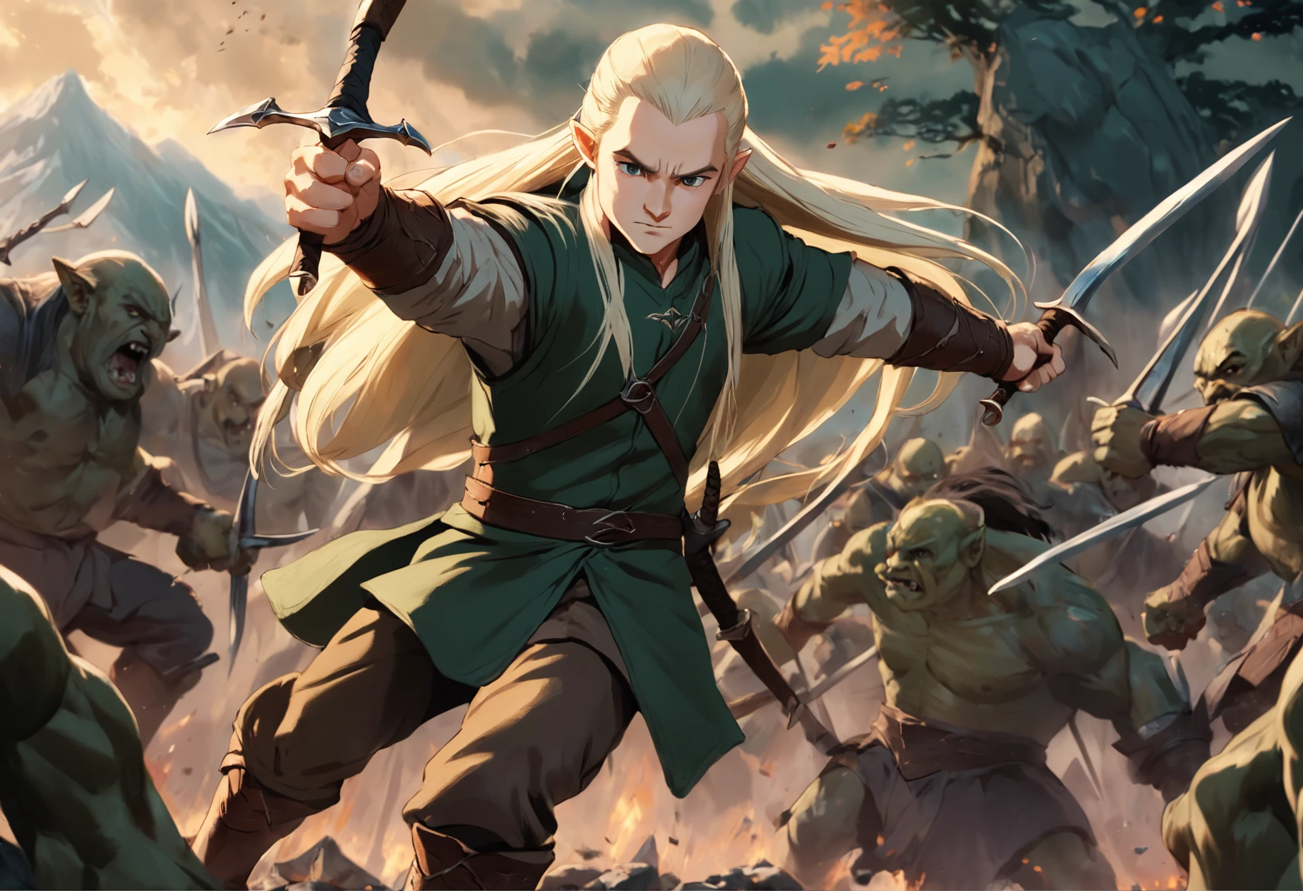 Legolas fighting orcs in the movie The Hobbit of the Lord of the Rings