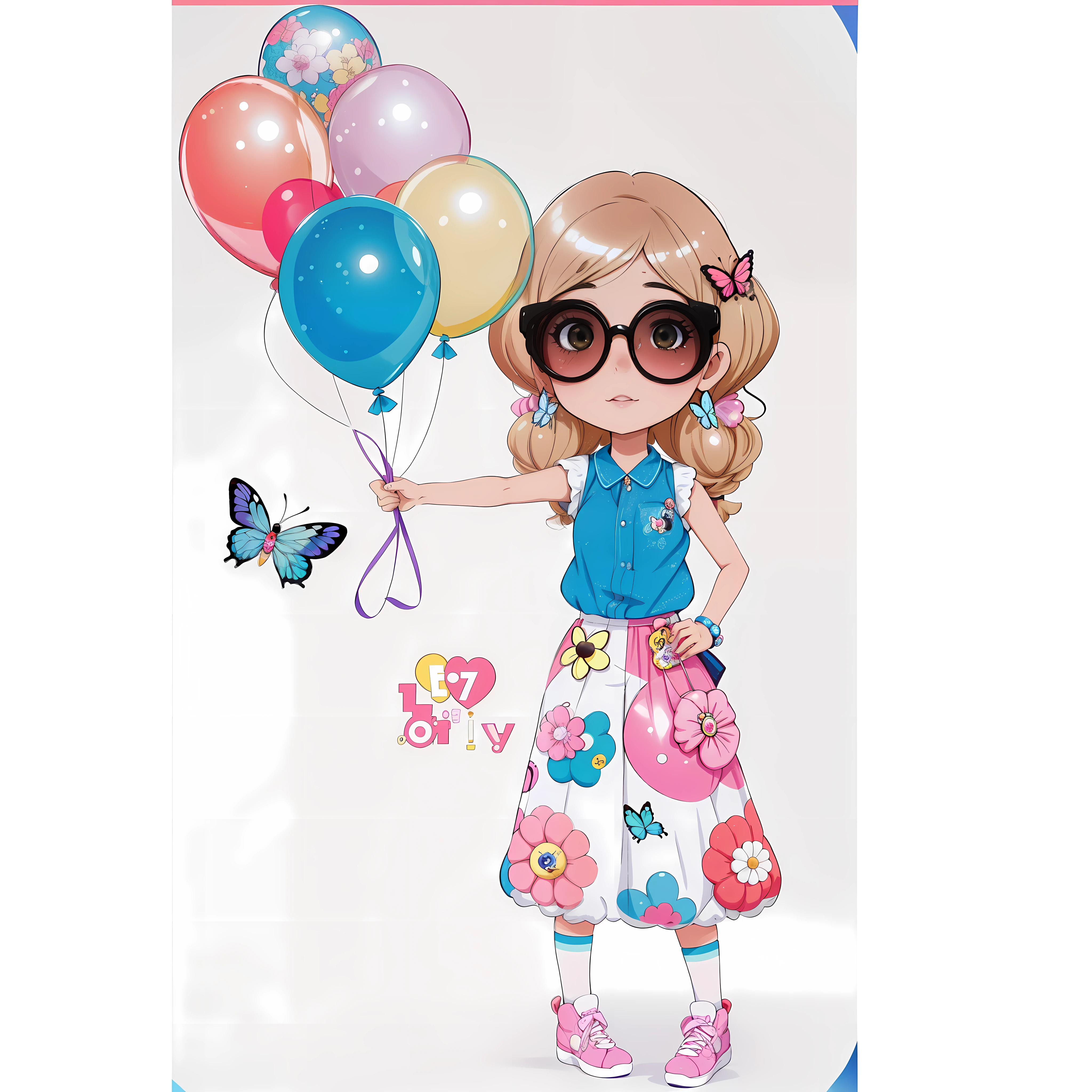 Cartoon girl with sunglasses holding balloons and a butterfly, arte fofa, Directed by: Oka Yasutomo, balloon, por Cicely Hey, Globos, bonito, party balloons, caprichoso e Pescador, Directed by: Yuki Ogura, ilustrado em estilo caprichoso, mixed media style illustration, Belo estilo de arte, fashionista, beautiful young lady, Globos, Pescador:2, Directed by: Yuko Tatsushima