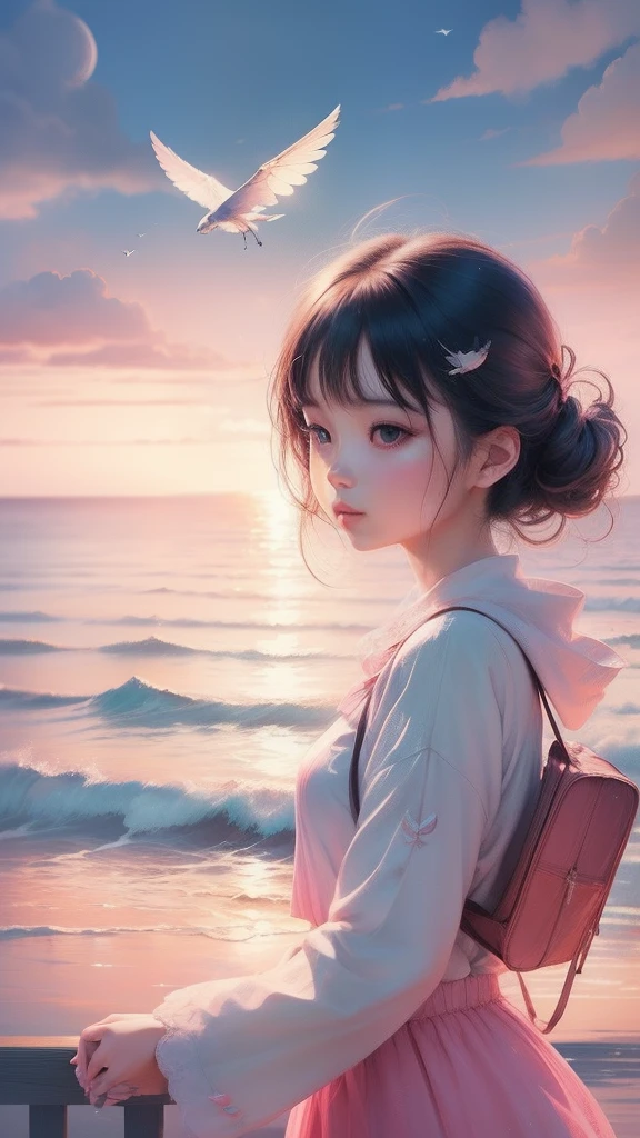 themoon,(((girl))),(Inside the clouds),((((Fly to the sea)))),The soul soars,sunraise,in pink