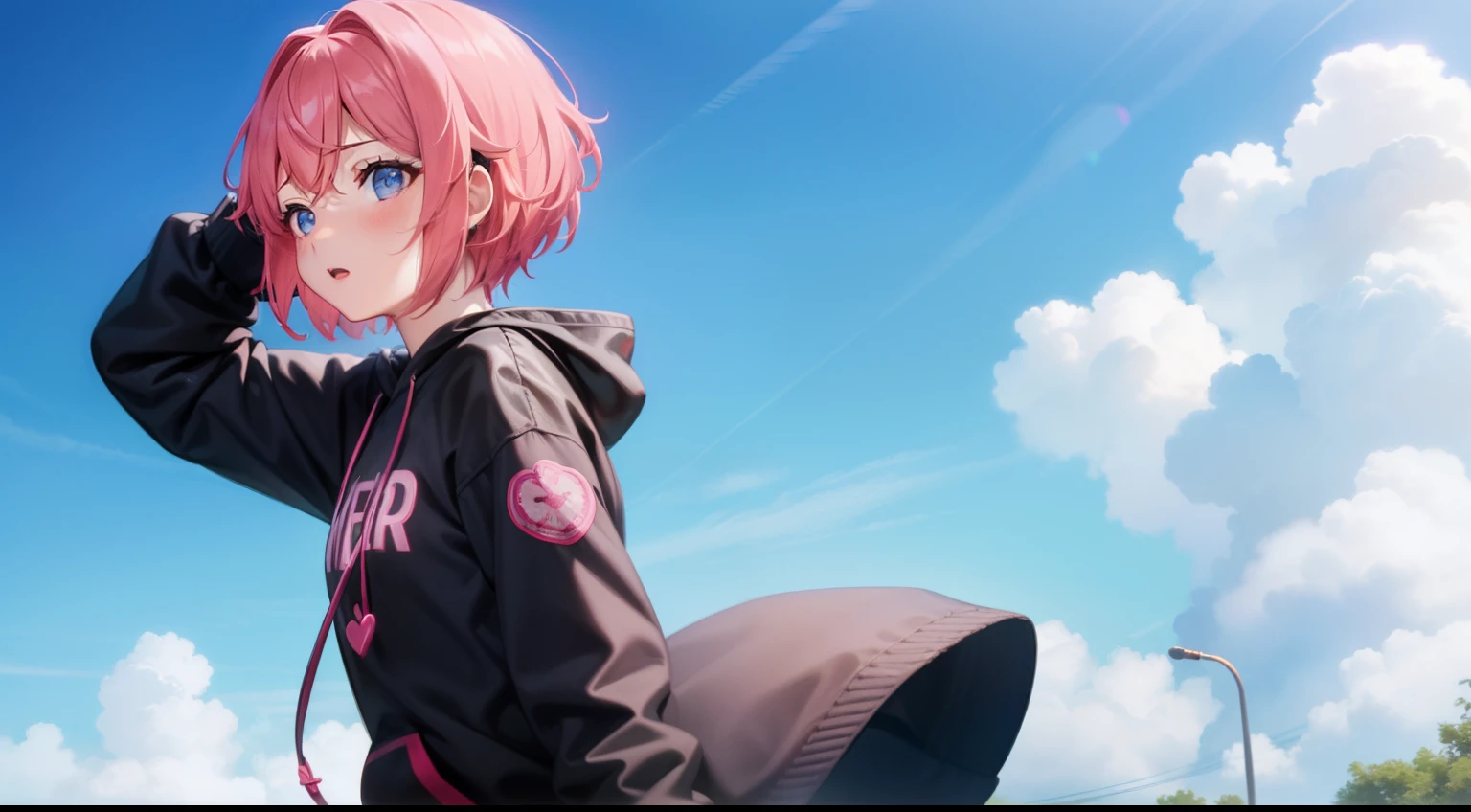 ​masterpiece、top-quality、Movie stills、1girl、animesque、pink there　Shorthair、short detailed hair、singers、illustratio、Black hoodie、microphone、headphones、kawaii、Beautiful blue sky、spot light（Spark:0.7
）