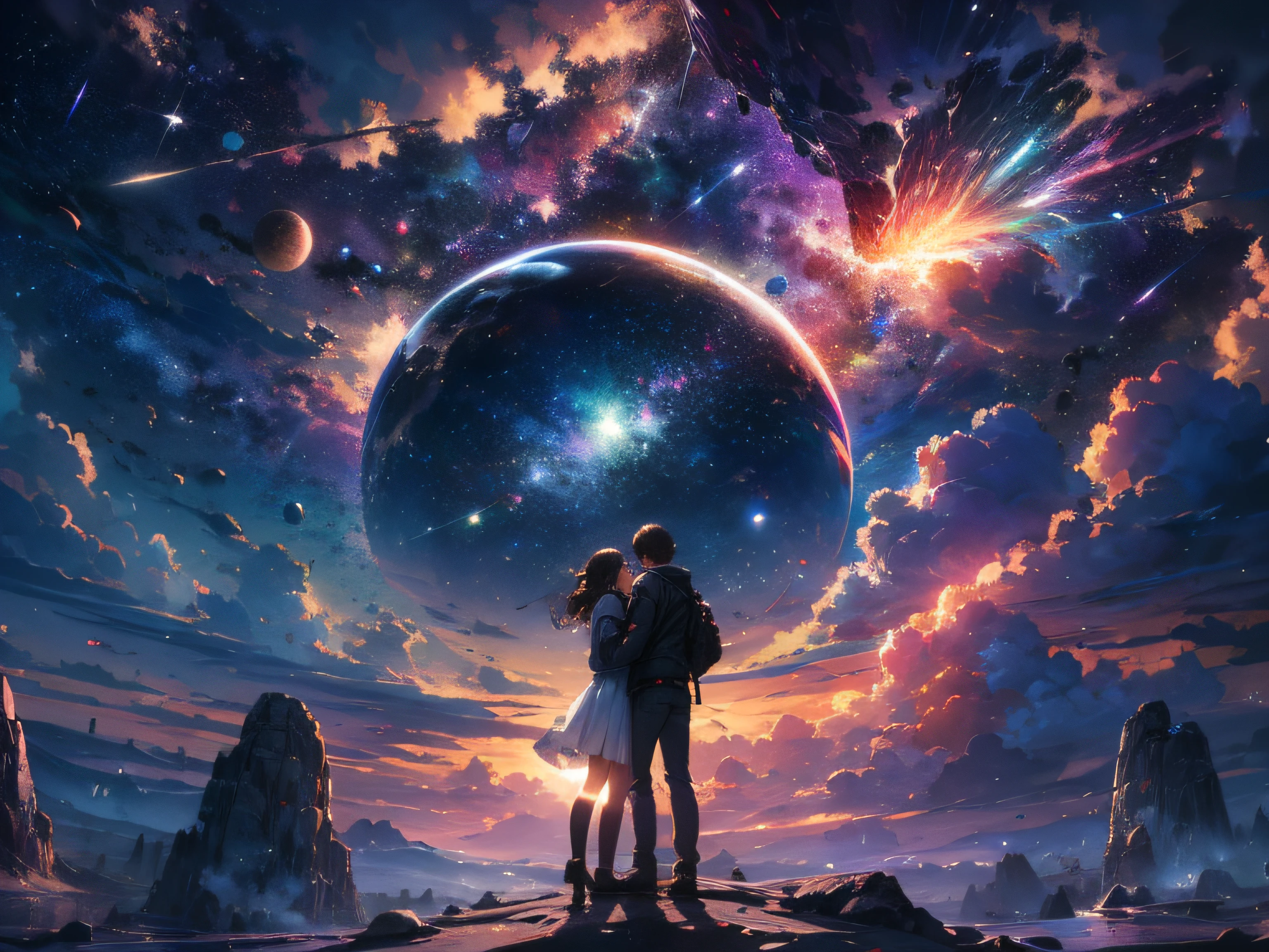 Draw a man and a woman embracing, Standing on a research platform floating in the middle of an asteroid belt, vire as costas para os espectadores, from behind, surrounded by several bright asteroids with fireproof auras The dramatic illumination of distant stars and planets illuminates the scene, casting deep shadows on the costume, looking at the vast and mysterious universe with wonder and respect, quebrar, detalhado, realista, 4k arte digital altamente detalhada, Renderizar octanagem, bioluminescente, BREAK 8K resolution concept art, Realismo, by Mappa Studios, obra-prima, melhor qualidade, Arte Oficial, illustration, Linha clara, (Fresco_cor), perfect compositio, Absurdo, fantasia, focado, rule of thirds, Explosions, poder, casal de home e mulher juntos