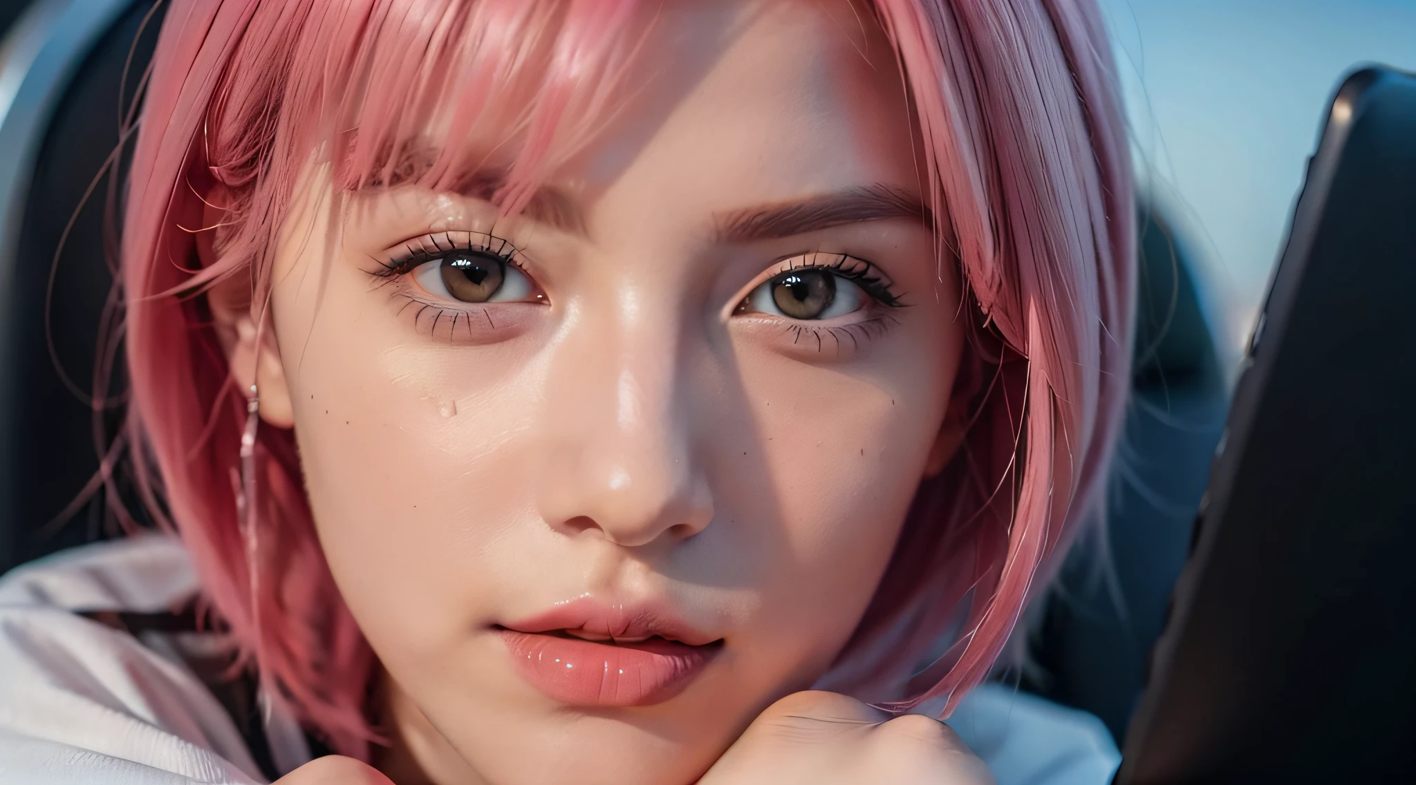 zoomed out photo of a woman sitting on a luxury plane in front of a laptop scrolling the internet, cute girl , confident look, with short pink hair, jovana rikalo, full subject shown in photo, professional image , medium portrait, wide portrait, young business woman, color portrait, with pink hair, high quality portrait , aleksandra waliszewska