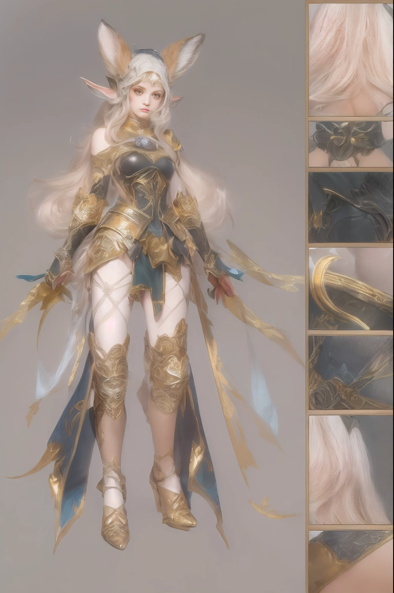 Design a layout showcase Gaming character, a Elf Knight. Golden+Purle clothes, stylish and unique, detailed magic bow, (masterpiece:1.2), (best quality), 4k, ultra-detailed, (dynamic composition:1.4), Step by step design, layout art, (luminous lighting, atmospheric lighting), Final Fantasy style, magical, ((glove full hands)), fran, viera, helmet, (((revealing clothes:1.3))), vambraces, armored legwear, high heels