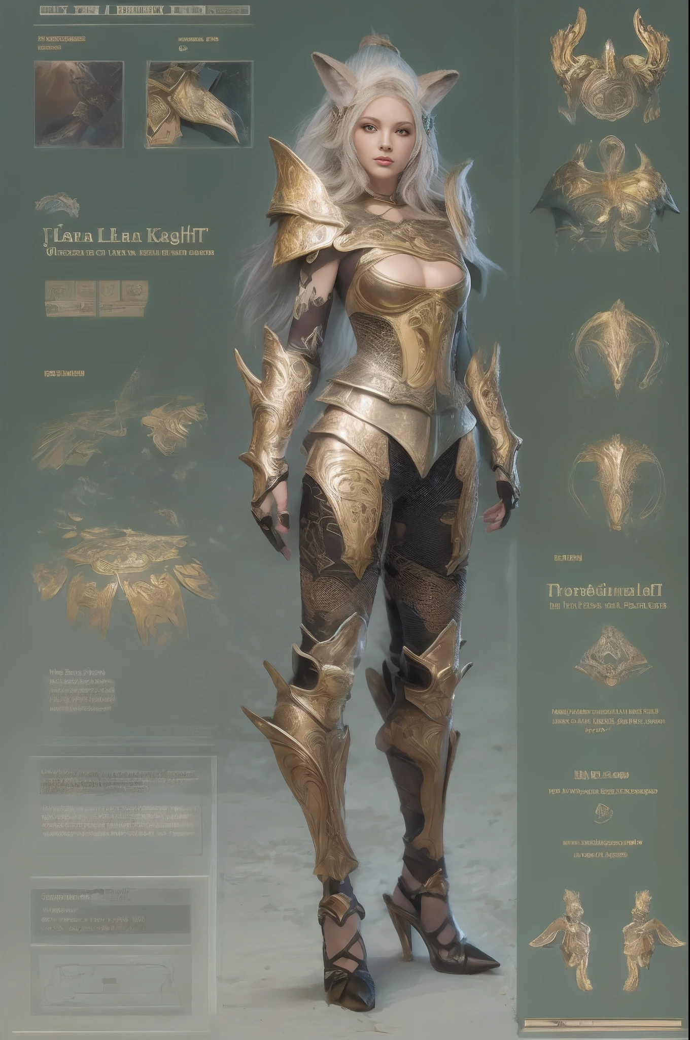 Design a layout showcase Gaming character, a Elf Knight. Golden+Purle clothes, stylish and unique, detailed magic bow, (masterpiece:1.2), (best quality), 4k, ultra-detailed, (dynamic composition:1.4), Step by step design, layout art, (luminous lighting, atmospheric lighting), Final Fantasy style, magical, ((glove full hands)), fran, viera, helmet, (((revealing clothes:1.3))), vambraces, armored legwear, high heels