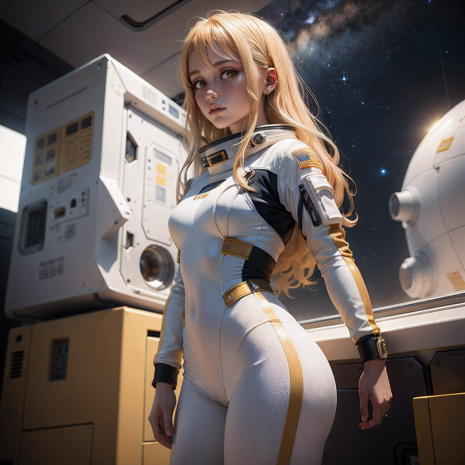 Golden hair,Tight spacesuit,Tight trousers,s girl,White skin,outerspace,Abandoned spaceship