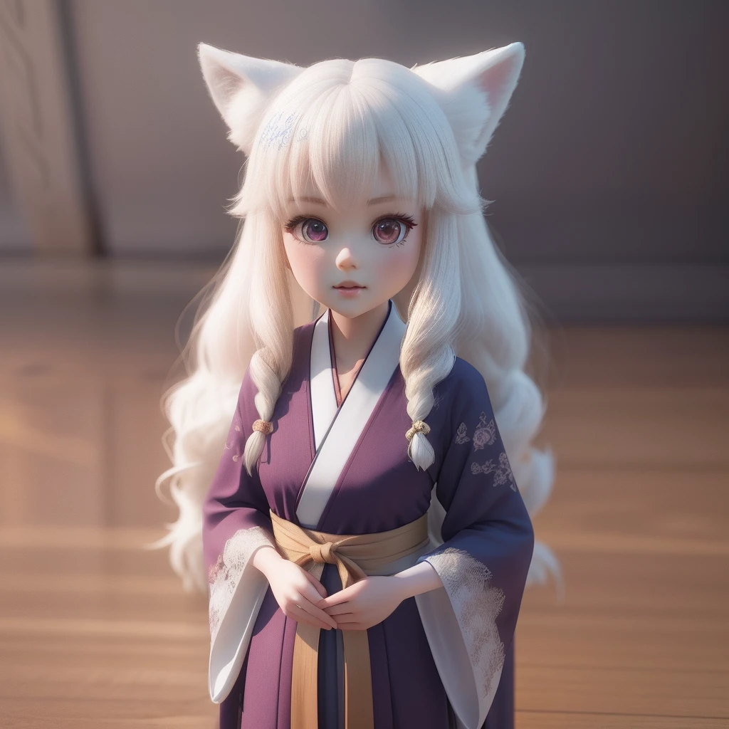 There is a white fox doll, cute 3 d render, render of a cute 3d anime girl, highly detailed character, Cute detailed digital art, cute character, 3 d render stylized, soft 3d render, Cute! C4D, Stylized anime, Antique long-haired girl,Purple Hanfu,3D antique rendering,Rendered in redshift