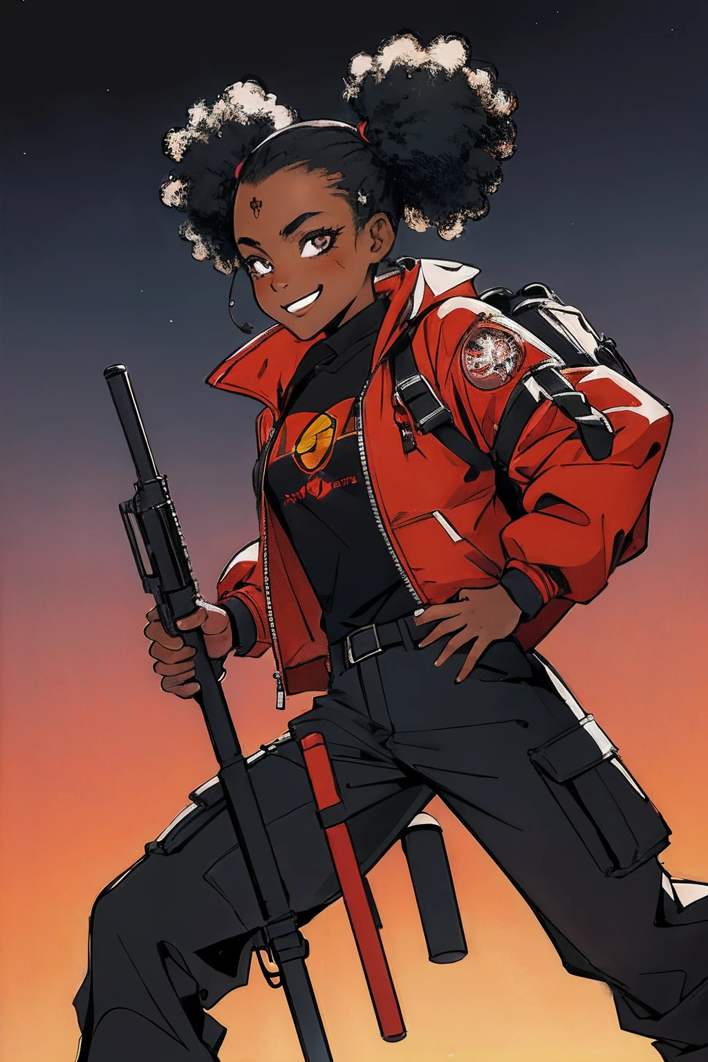 masterpiece:1.2, best quality, absurdres, explosive, background, action shot, gritty, futuristic little girl, SCI-FI, centered portrait, in the style of Kentaro Miura, (1female), child, young girl, black, dark skin, afro pig tails, smiling, wearing gear, comic, intricate, surreal, weapons, wearing large jacket and black cargo pants,