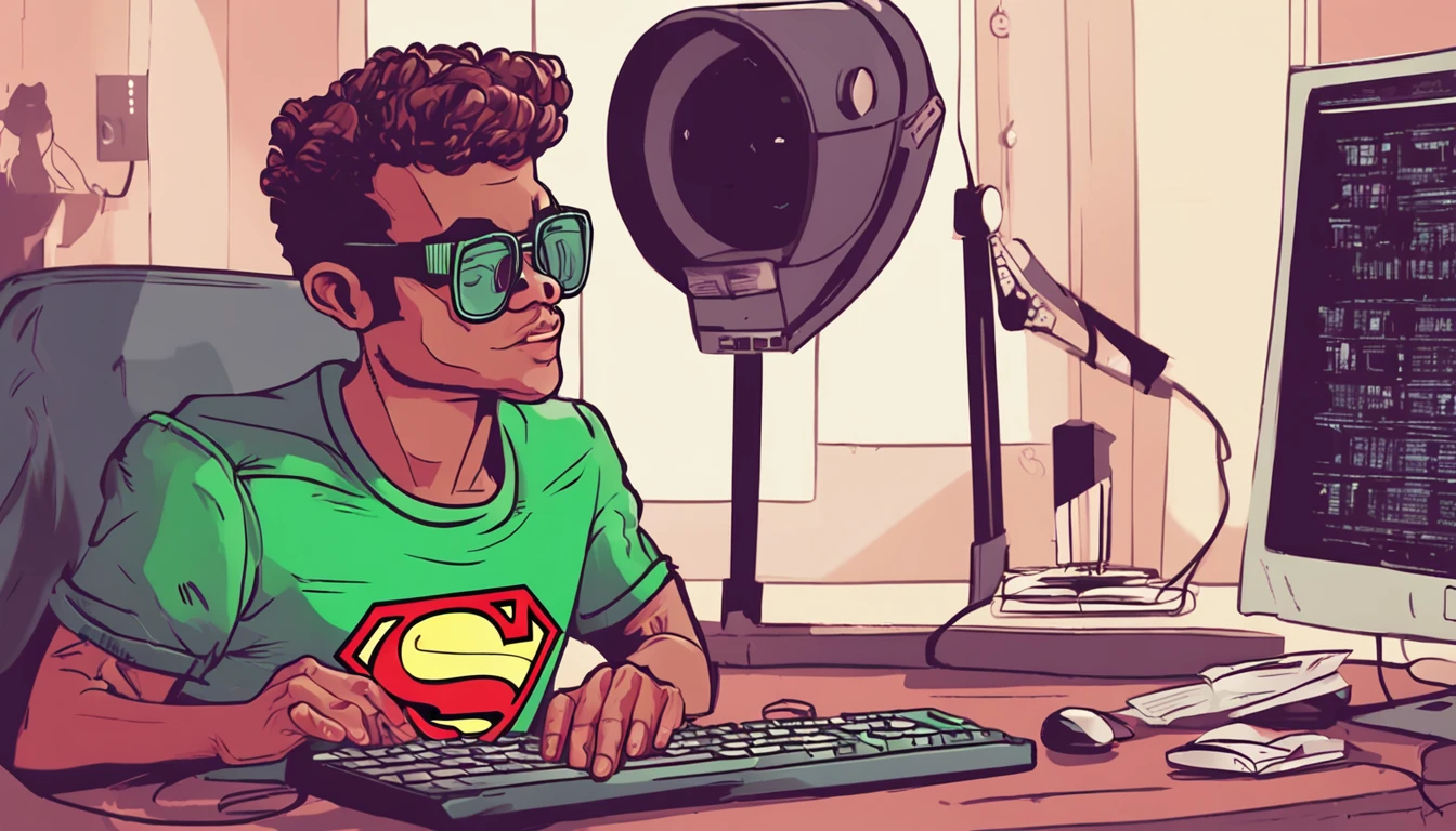 jovem programador utilizando camiseta do superman, programando em um computador, alta qualidade, oculos lentes verdes
