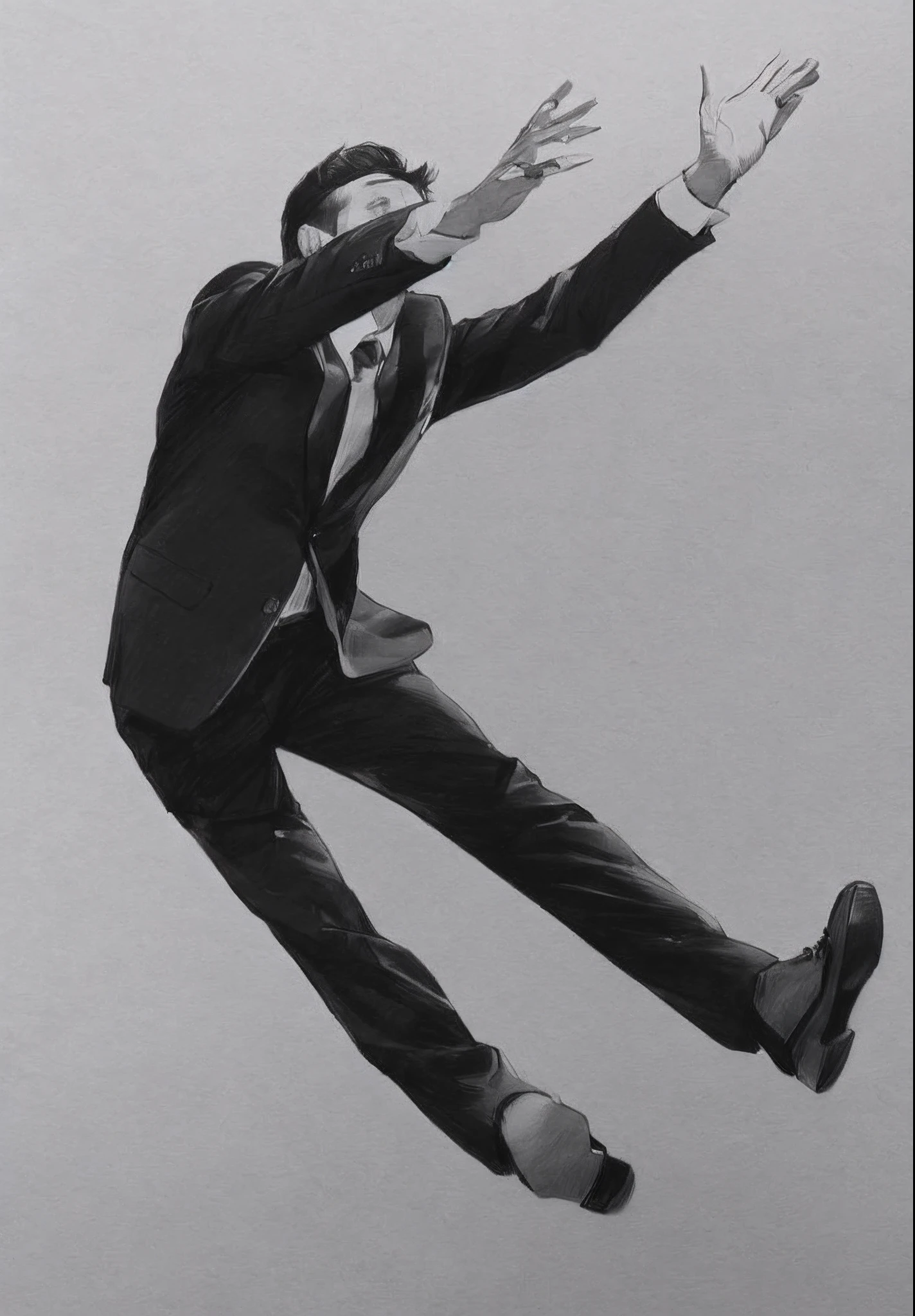black and white pencil sketch of a man wearing black suit, leaning backward with straight legs, two hand infront of the head, two hand straight over the head, minimalistic pencil sketch, in the art style of Robert Longo, art style Robert Longo, Robert Longo art style, full white background, side profile, side view, side profile, side view