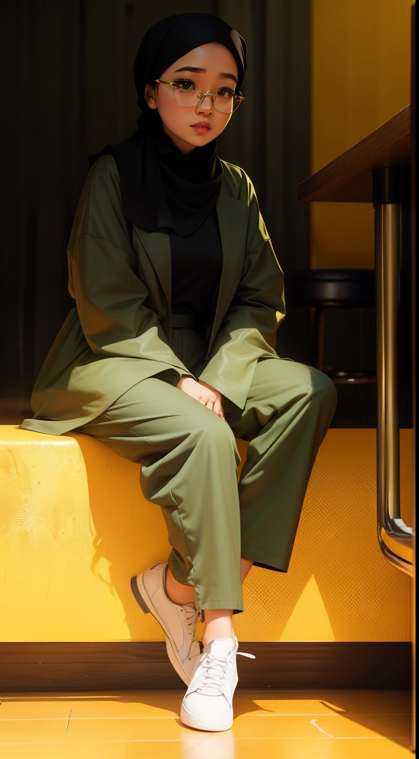 Cute Malay woman in a dark green oversized shirt and high waist formal pants and trench coat in front of a yellow background seating on a bar stool, glasses, hijab, white sneakers, white thick daddy shoes, mira filzah, full body photography, photo of young malay woman, full shot portrait, in yellow background