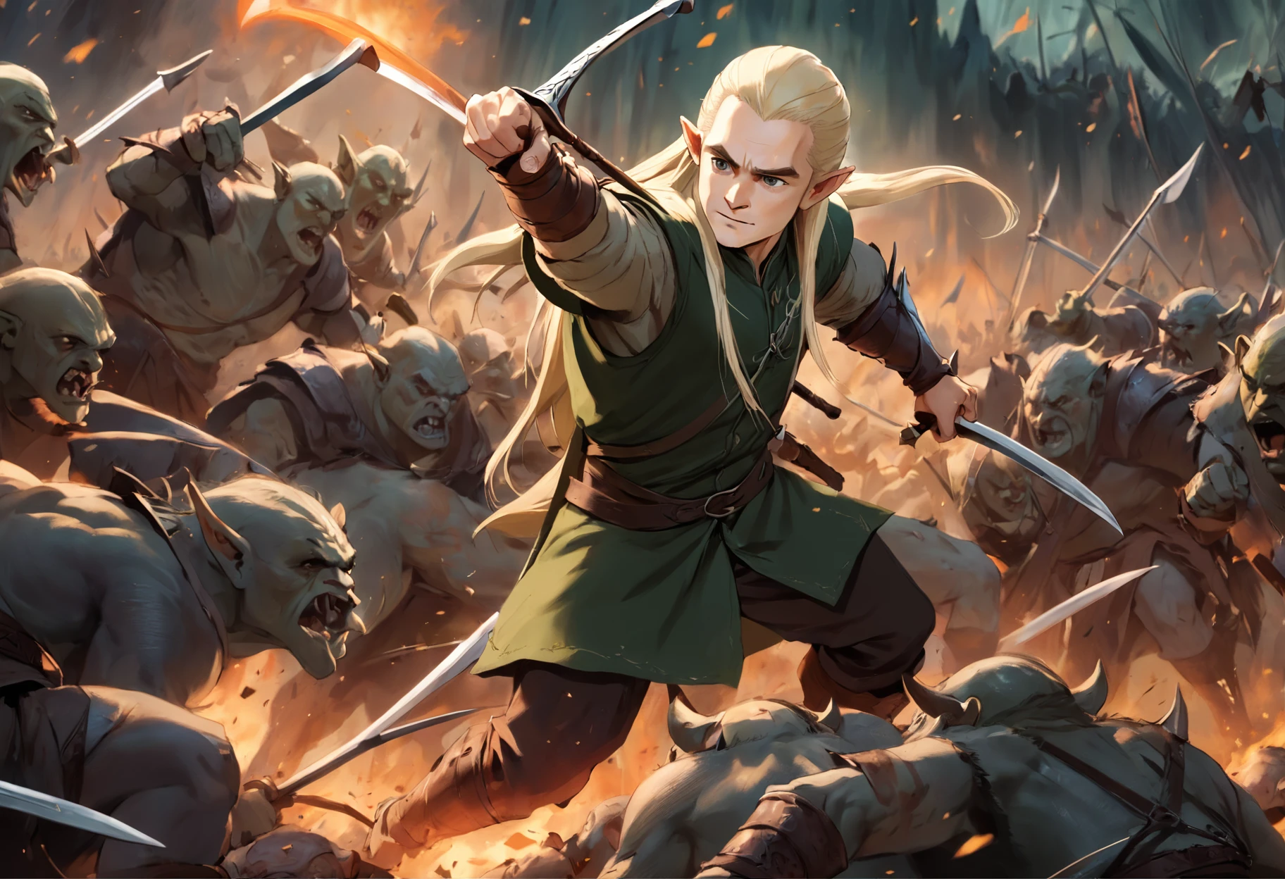 Legolas fighting orcs in the movie The Hobbit of the Lord of the Rings