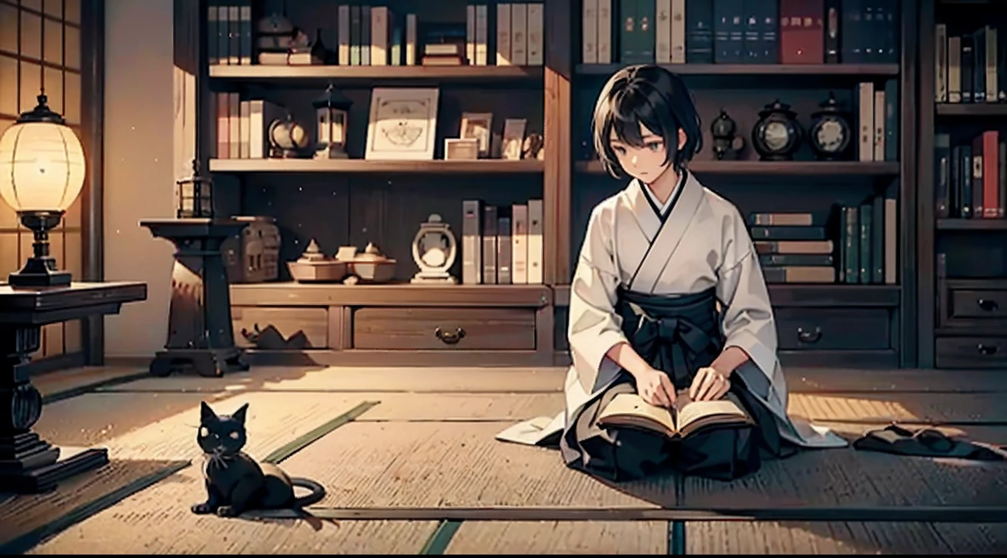 #Quality (intricate-detail、ultra-detailliert:1.2,Masterpiece),
#night sky (darkness of night,no light),
#one writing boy (16 male、Honor Students、A dark-haired、short-hair、hakama,sit flat),
#black room at night (no light,black cat,wooden low table,one candle,pretty tatami,a lot of books,bookshelf)