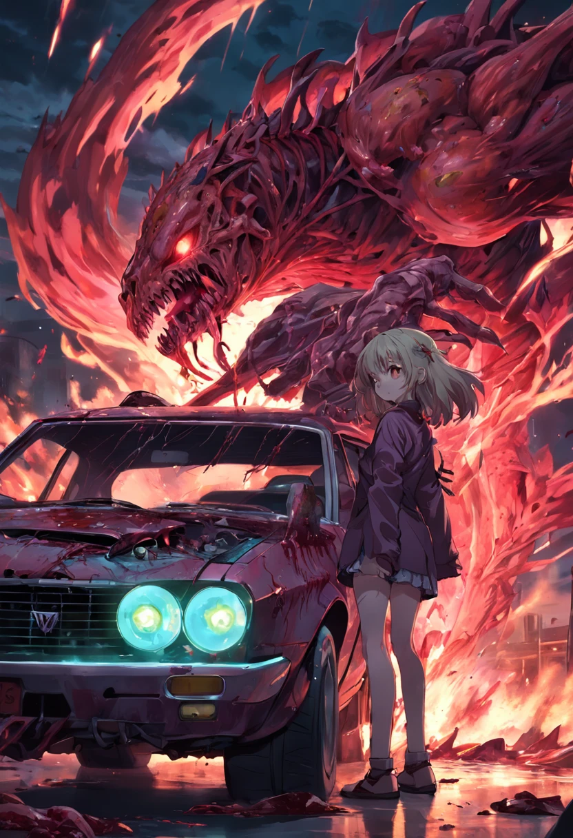 A Zombie Car, eating humans, Blood,  Blood Sparks, detailed and Intincicated, 12k  HD