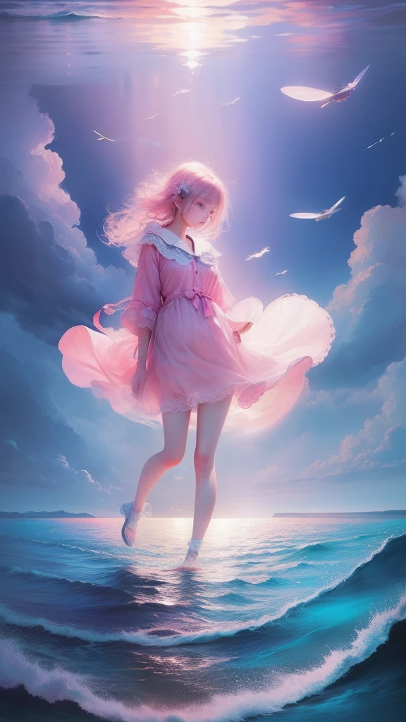 themoon,(((girl))),(Inside the clouds),((((Fly to the sea)))),in pink