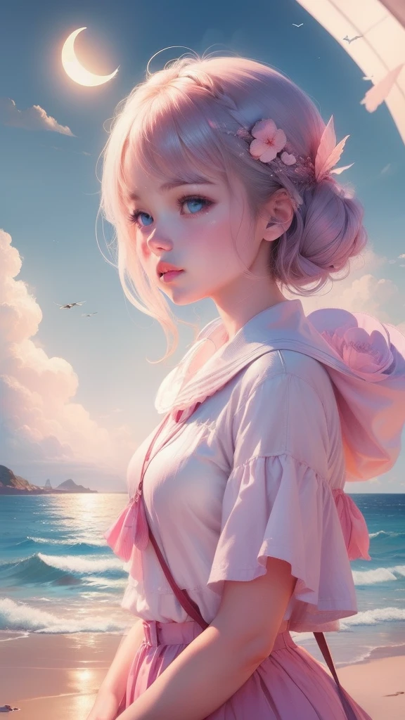 themoon，(((girl)))，(Inside the clouds)，((((Fly to the sea))))，in pink