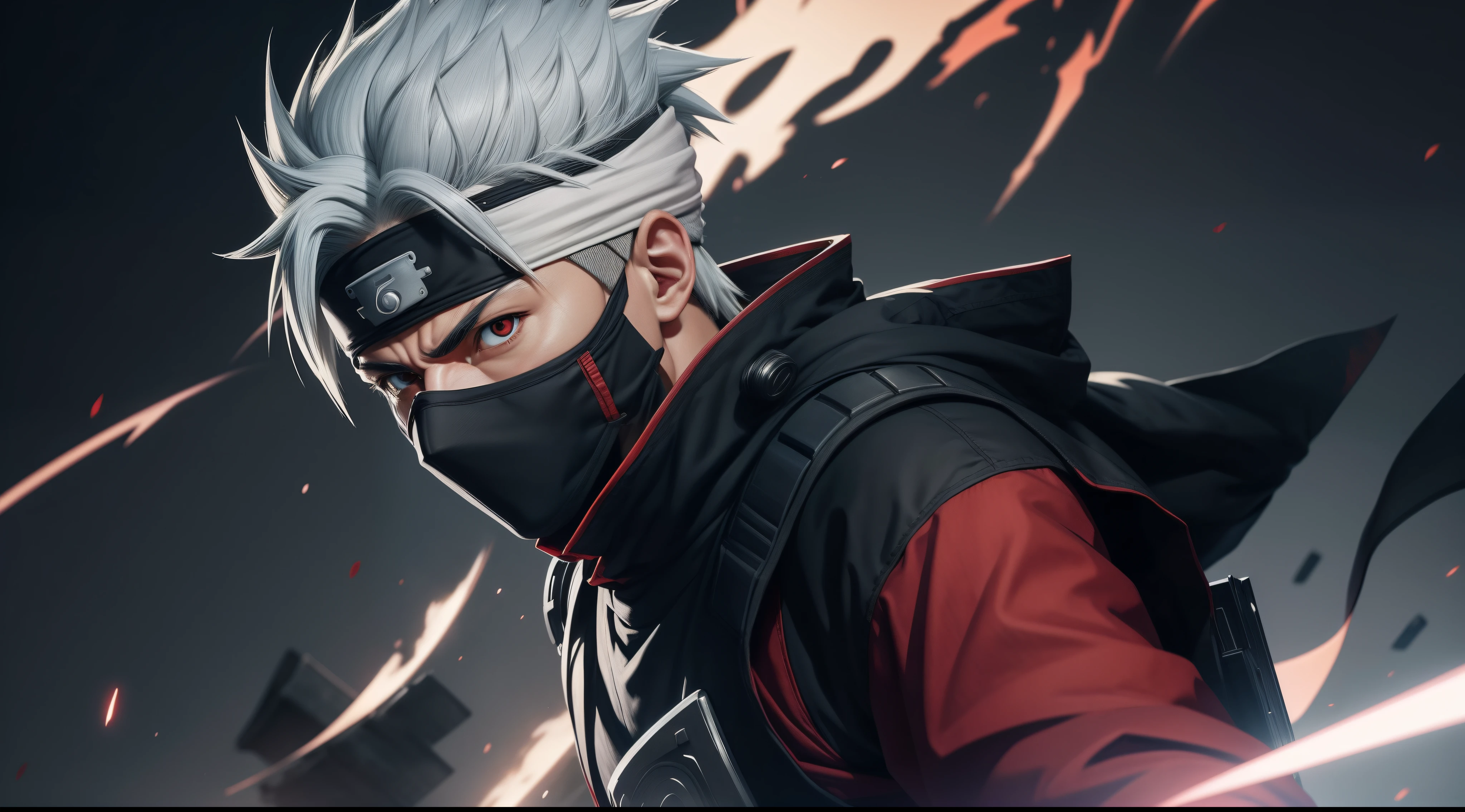 Hot profile picture, masterpiece, extremely accurate rendering, cool beautiful Kakashi, solo, reliable, savior of the world, simple design, best visuals, 8K, light red eyes , the clothes color is the same as the original ninja.