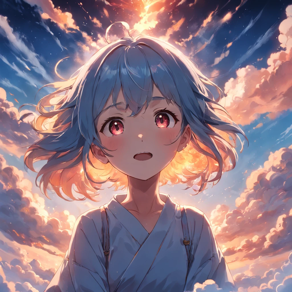 masterpiece, best quality, movie still, 1girl, cloud girl, floating in the sky, close-up, bright, happy, warm soft lighting, sunset, (sparks:0.7)