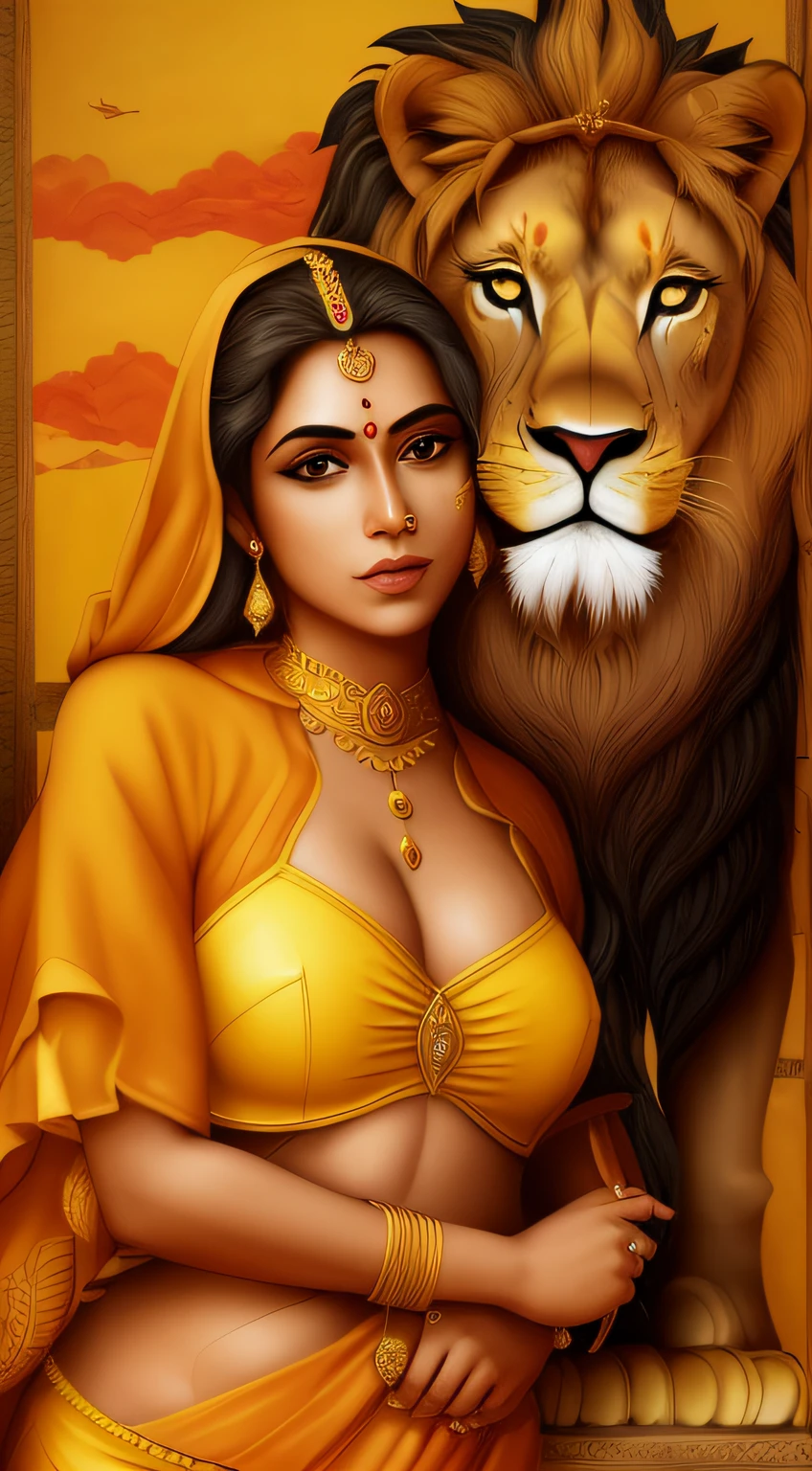 corrigir, The lion is brave and normal, it's not golden, ela tem a pele toda coberta com renda dourada, roupa de rainha hindu, da india, the belly is covered, She is brave and fearless
