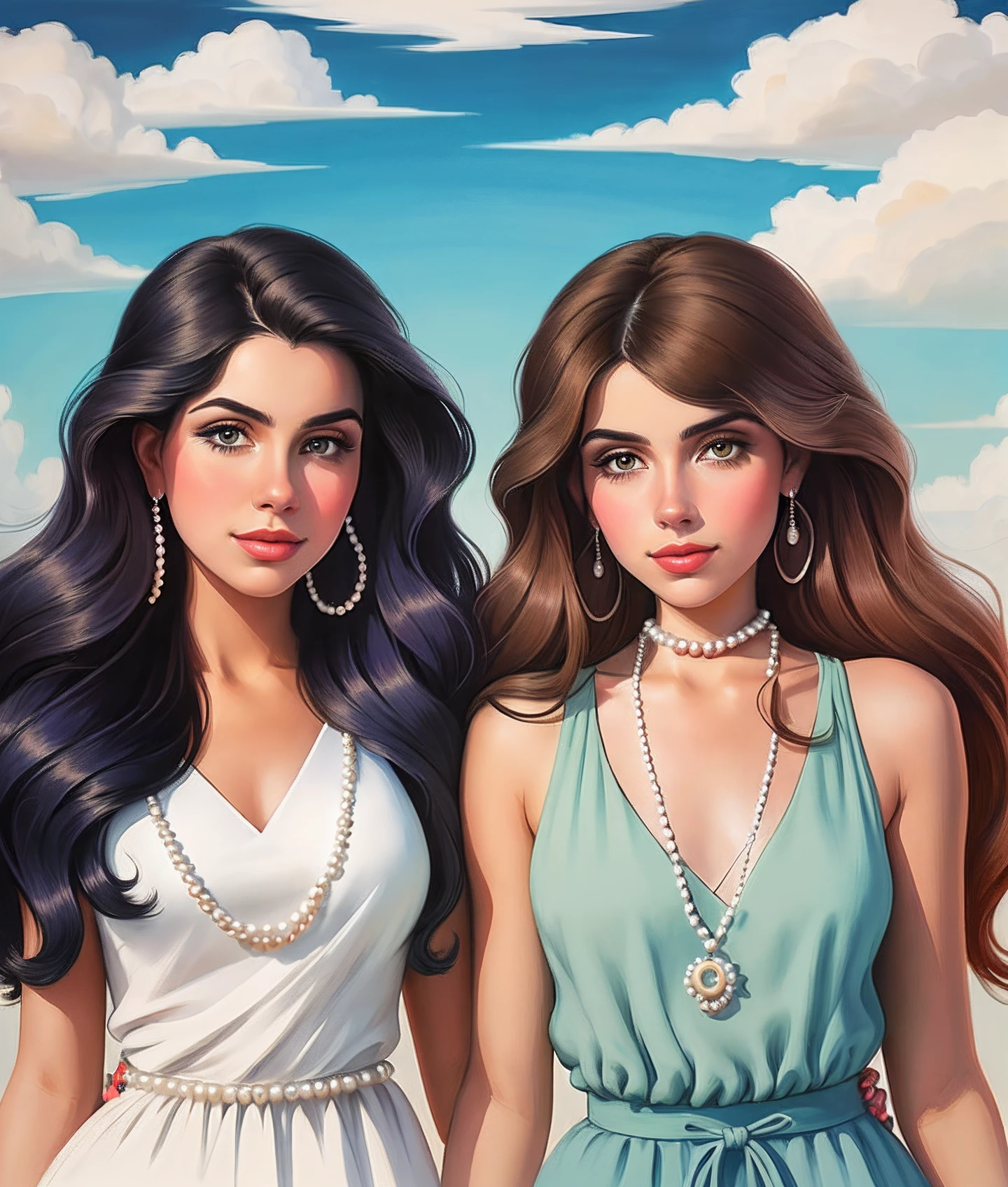 Two women with long hair and pearls are standing next to each other, beautiful gemini twins, beautiful gemini twins portrait, No estilo de arte de Bowater, ☁🌪🌙👩🏾, trending on artstration, pintura bonita de amigos, arte digital. @mariomaniacdude, estilo de arte dos desenhos animados, in illustration style digital, arte dos desenhos animados