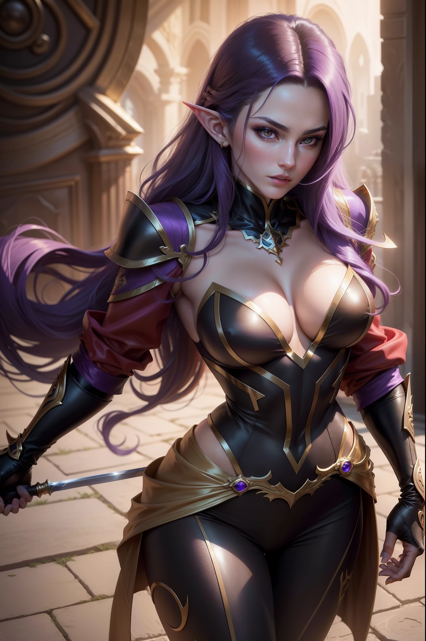 (8K,Photorealsitic Raw photography top-quality;1.4) 1girl in) Super beauty (Lifelike face) (masutepiece, Best Quality, Photorealistic, hight resolution, Photography, :1.3), Very close-up shot, Sharp Focus, 1 Middle aged woman with purple long curled hair, 40-year-old woman of European descent, hotmodel, Highly detailed golden eyes and pupils, Realistic skin, Slim body shape,Large cleavage, very detail hair,Macho with a muscular body Delicate sexy face, Organoleptic gas, shiny lips, ((Red jacket and purple and gold exterior)), muscular slender lower body Black pants and armor Hold a big sword plein air, ((Realistic, Super realistic, Realism, realistic detail)) enticing 超A high resolution A hyper-realistic beautiful expression (real looking skin) elf-ears Cast a seductive gaze queen of the underworld in throneroom 2Black corners of books Fancy makeup Macho with muscular slender body Light purple curled hair Flashy red long coat Golden earrings large full breasts Heavy black and gold gauntlet Super macho A hyper-realistic Unreal Engine 14K