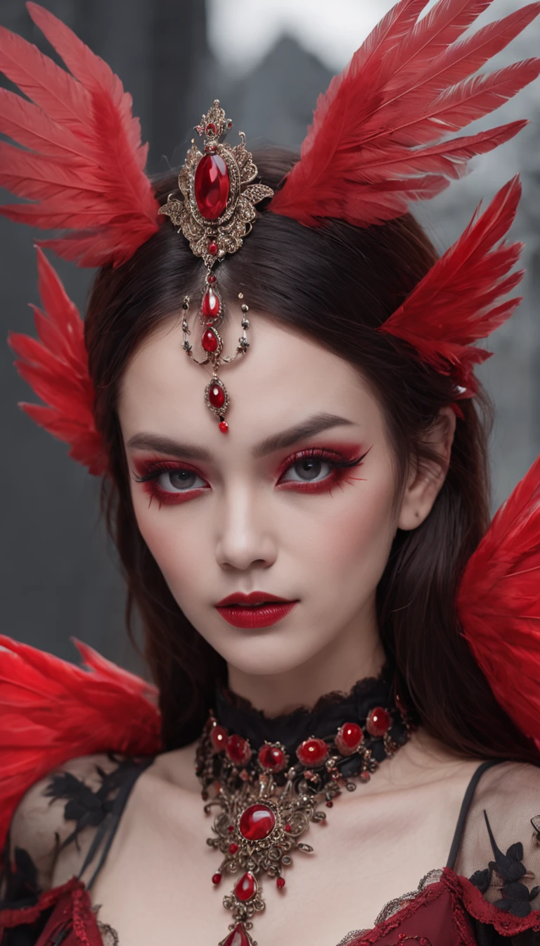 Generate images of demons with crimson wings. Give this image a captivating aura and powerful feather movement. Next, Add a devil's dress designed to emphasize the lines of the body, With feather accents to create a dark and mysterious atmosphere. reeds, Combine accessories with black or dark red headpieces, Crimson Gemstone Necklace、Matching rings and earrings. Finally, Add dark tone makeup and red or black eyeshadow、Complete the atmosphere of the devil.