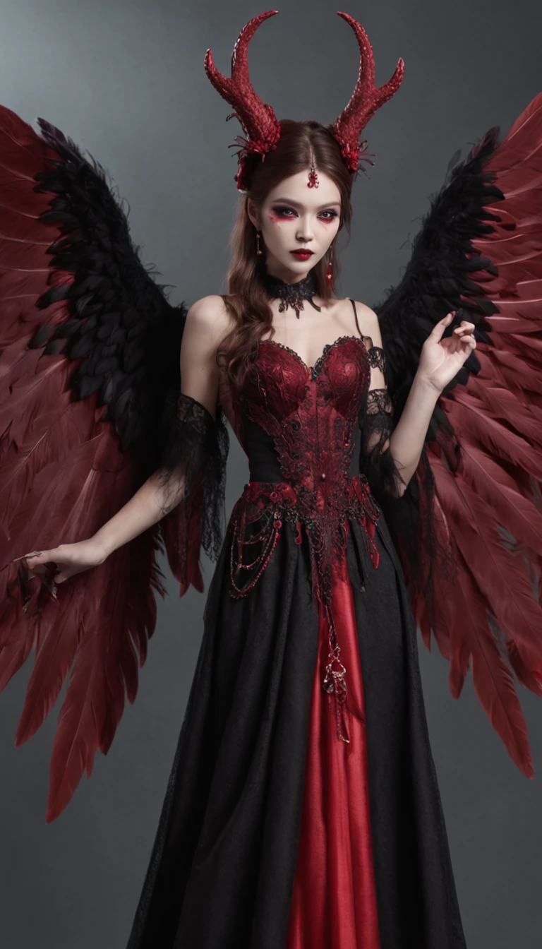 Generate images of demons with crimson wings. Give this image a captivating aura and powerful feather movement. Next, Add a devil's dress designed to emphasize the lines of the body, With feather accents to create a dark and mysterious atmosphere. reeds, Combine accessories with black or dark red headpieces, Crimson Gemstone Necklace、Matching rings and earrings. Finally, Add dark tone makeup and red or black eyeshadow、Complete the atmosphere of the devil.