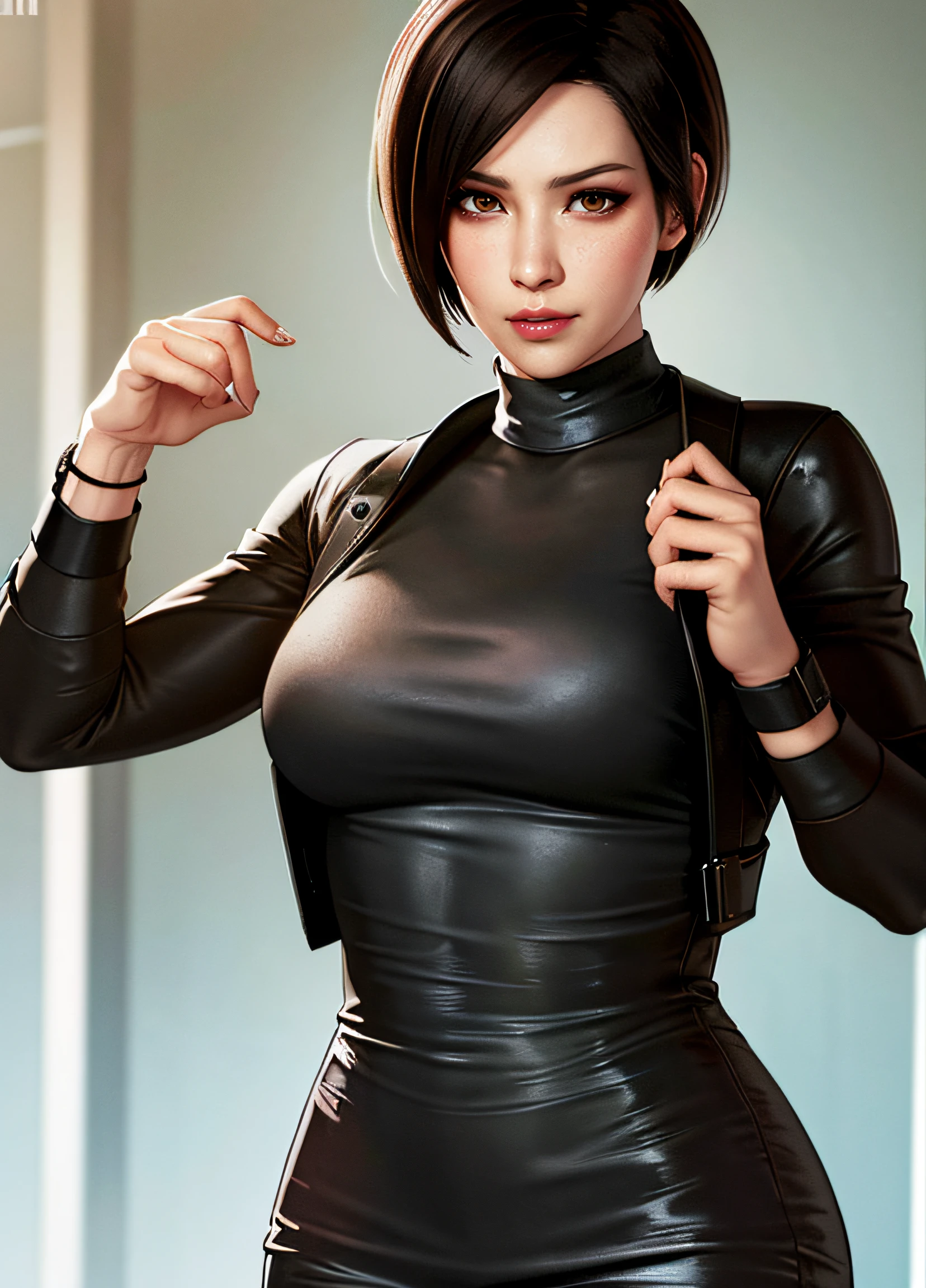 clear face, brown eyes, highres, highres eyes, mascara, ada wong face, asian, blush