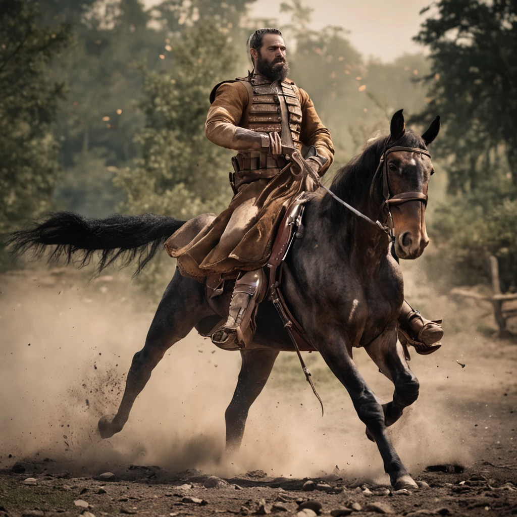 Best quality, Masterpiece, (photograph realistic:1.4), A Man who ride a horse in war the man wear arms and handle the bow