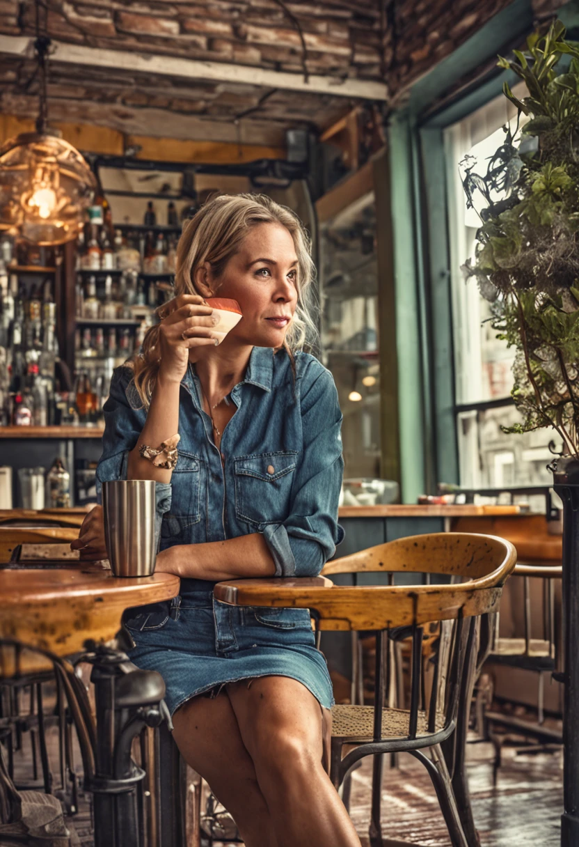 Blonde frau, sitz auf sessel, in einem Cafe, trinken, 3 meter entfernung, kamera, hdr, real, hochauflösen, naturecht, gesicht glatt, schaut leicht nach links