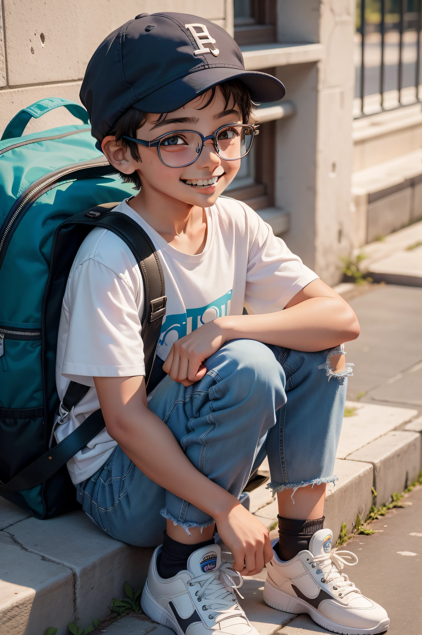menino de 12 anos, Estilo Disney, With eye Glasses, Mochila pequena, bonnet. camiseta branca, bermuda jeans, blusa amarrada na cintura, ttenis branco com detalhes em amarelo e cinza. shy smile appearing a little from the tooth.