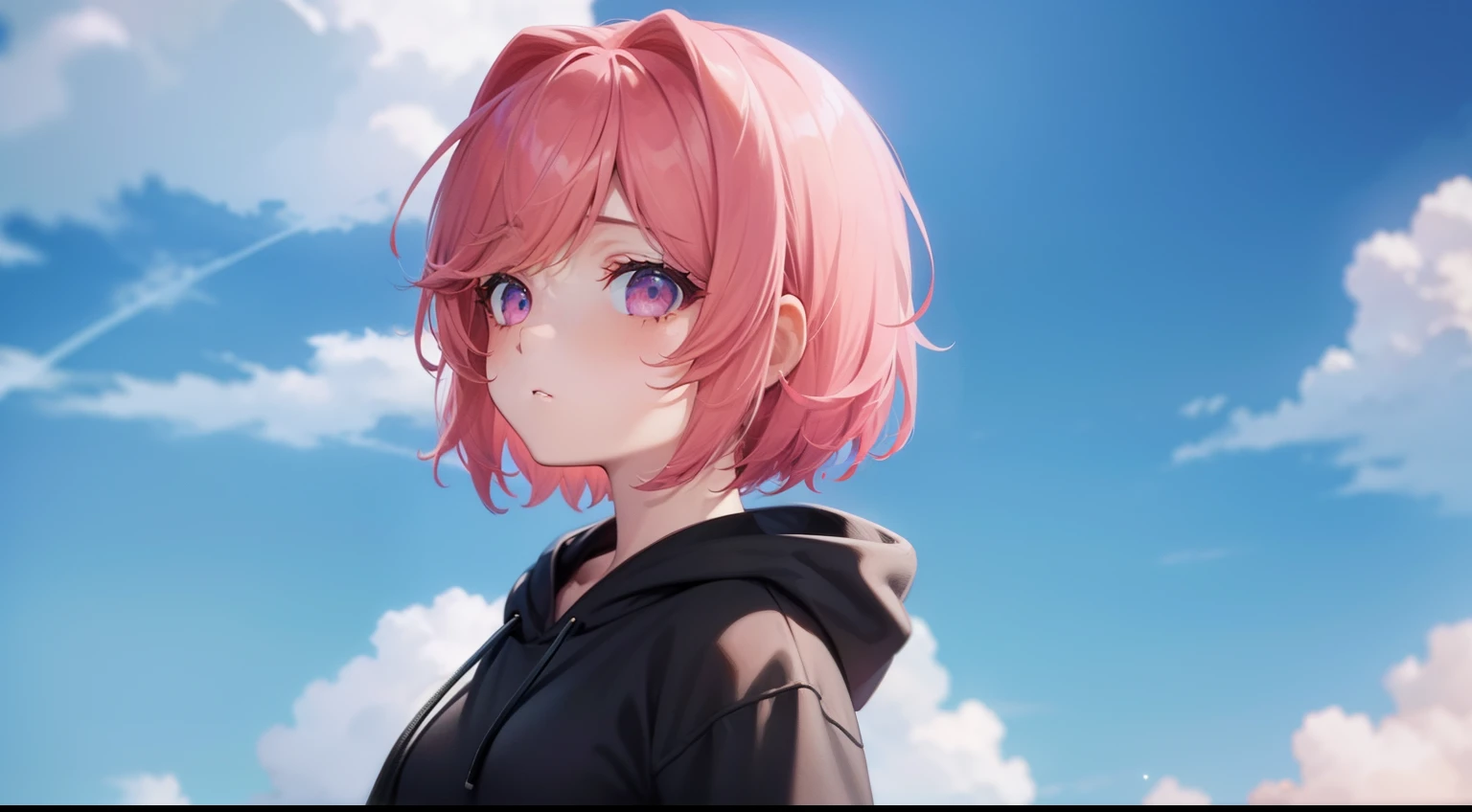 masterpiece、top-quality、Movie stills、1girl in、animesque、Pink Shorthair、Natural pink eyes、short detailed hair、singers、illustratio、Black hoodie、microphone、headphones、kawaii、Beautiful blue sky、spot light(Spark:0.7 )