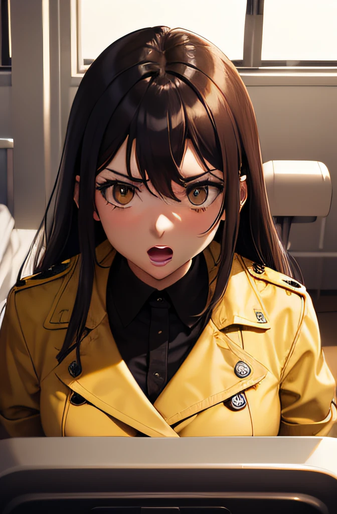 A 40-year-old woman,Wear a yellow trench coat,Fierce eyes,Very wide open mouth,(vred:1.9),Stand by the hospital bed,In a luxury ward,Look down