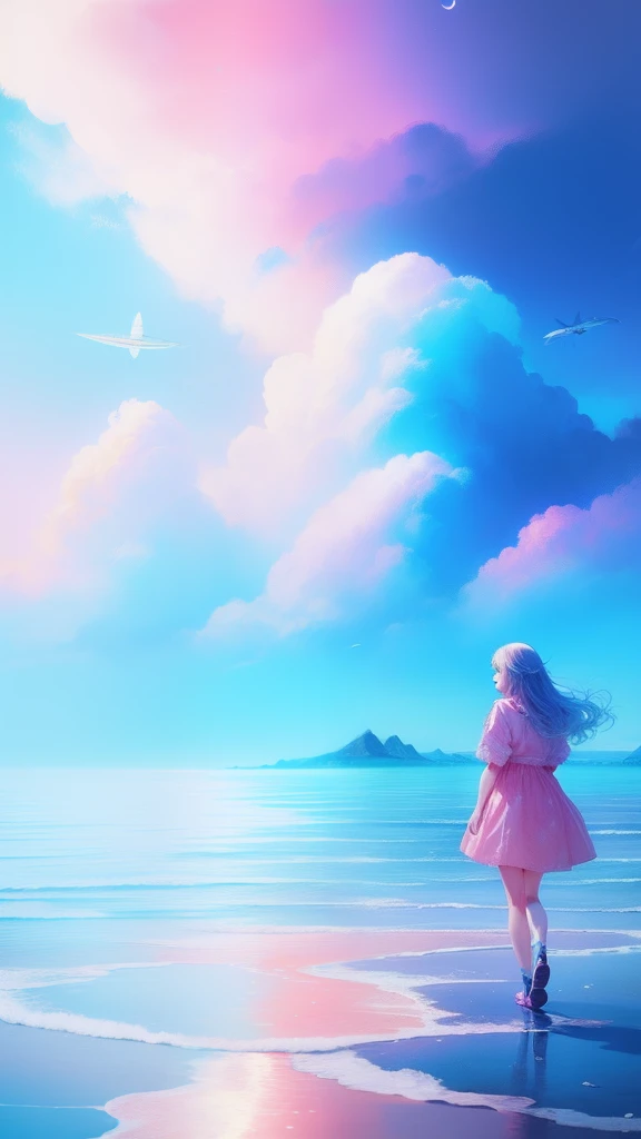 themoon，(((girl)))，(Inside the clouds)，((((Fly to the sea))))，in pink，blue colors，cyan colors