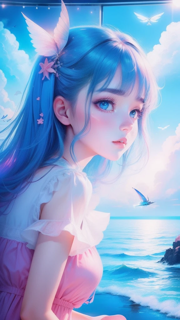 themoon，(((girl)))，(Inside the clouds)，((((Fly to the sea))))，in pink，blue colors，cyan colors
