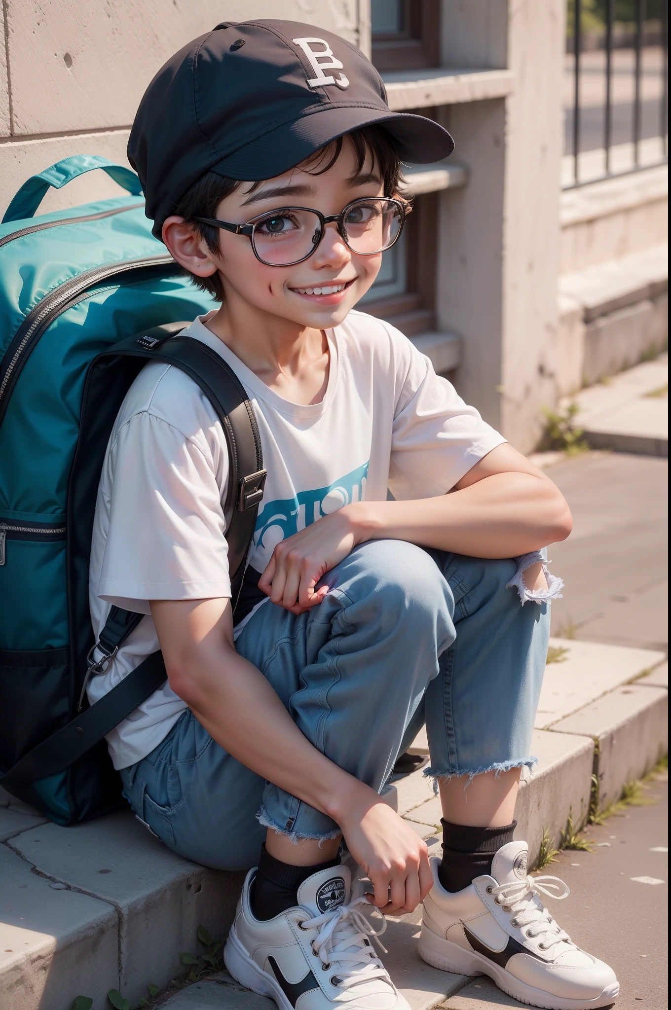 menino de 12 anos, Estilo Disney, With eye Glasses, Mochila pequena, bonnet. camiseta branca, bermuda jeans, blusa amarrada na cintura, ttenis branco com detalhes em amarelo e cinza. shy smile appearing a little from the tooth.