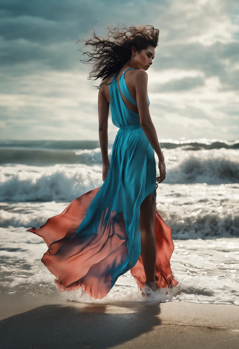 Stunning masterpiece, full-body view of a young punk woman weared sky-blue chiffon jumpsuit walking confidently on a beach waves, a cinematic and intense emotion by Moo, inspired KikiKaiKai, by Justin Maller, 4K, V--4