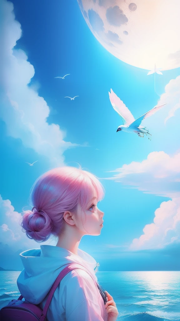 themoon，(((girl)))，(Inside the clouds)，((((Fly to the sea))))，in pink，blue colors，cyan colors，A flock of birds