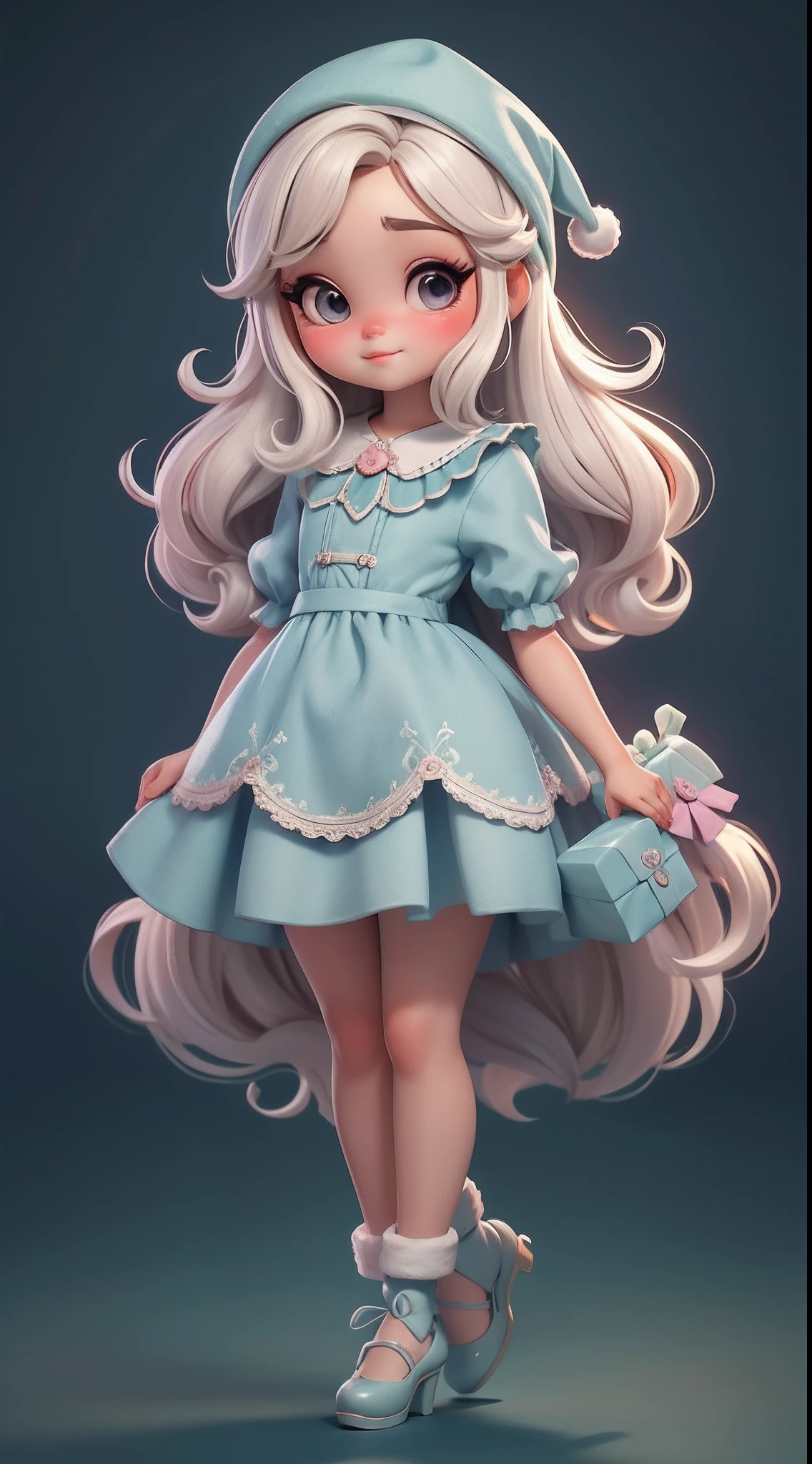 Create a series of loli chibi style dolls with a cute Christmas theme, each with lots of detail and in an 8K resolution. All dolls should follow the same solid background pattern and be complete in the image, mostrando o (corpo inteiro, incluindo as pernas: 1.5)
Boneca Natal: Chame-a de Bella. Ela deve ter cabelo curto em tons pastel. Seus olhos devem ser grandes e brilhantes, with long eyelashes and rosy cheeks. Bella deve estar vestida com um vestido delicado e longo, com detalhe estampado e saia longa rodada. She must wear a hat and have Christmas accessories. Don't forget the details, com detalhes coloridos e enfeites encantadores, sapato bonito
Certifique-se de adicionar sombras, texturas e detalhes nos cabelos, roupas, Cute accessories of each doll, to make them even more adorable and charming.