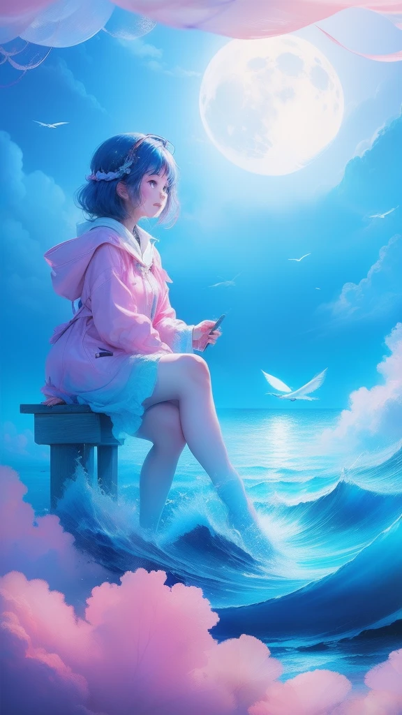 themoon,(((girl))),(Inside the clouds),((((Fly to the sea)))),in pink,blue colors,cyan colors,A flock of birds