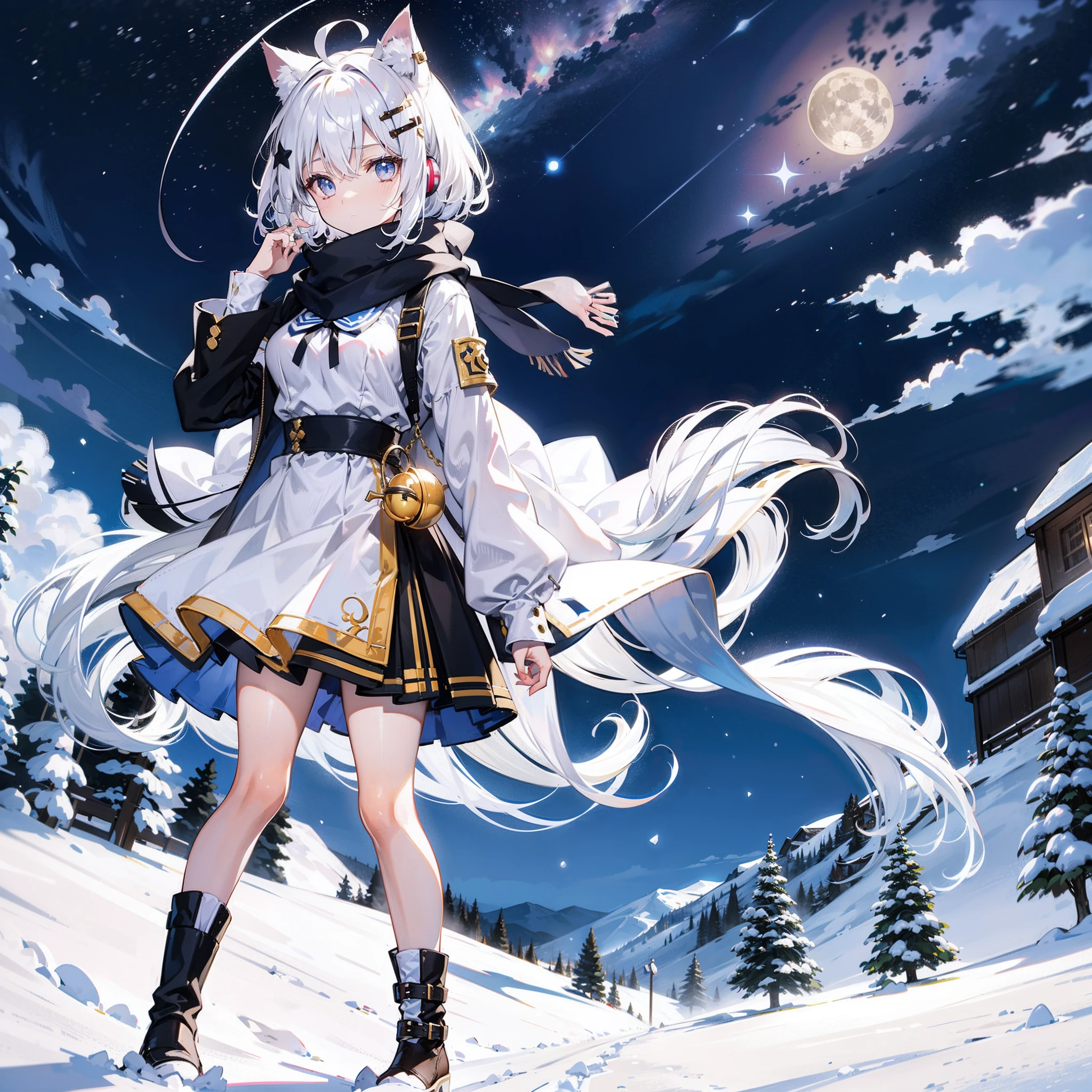 White hair, Gradient hair, ahoge, hair between eye, crossed bangs, Dull hair,hair pin, Hair ribbon, hair adornments, ribbon, Bell, Earphone, bow hair band, snowflake hair ornament, Pupil of the slit, cat ear, thoughtfully, Full body like, sitted, wearing boots, Wearing a short skirt of pure cotton,Skirt knee-length, chiquita, flatchest, The chest is flat,Undeveloped breasts, Bring a scarf, mid - length hair,Long boots, Winters,Behind her is a snowy mountain,The night sky is full of stars,The moon is shining,anime big breast, hyper HD,16k, A high resolution,