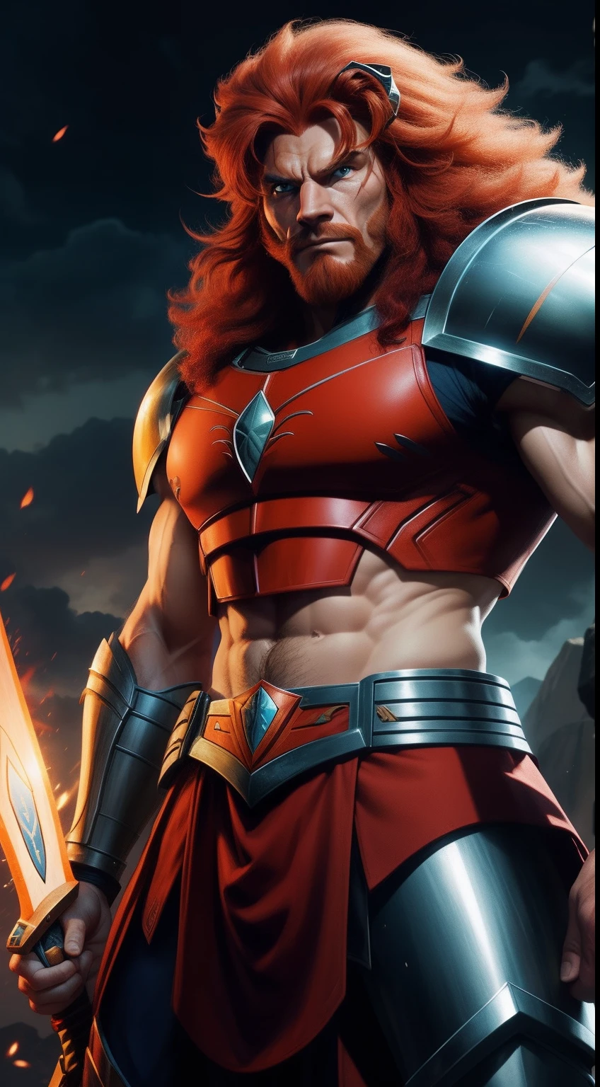 "Lion-O, the red-haired young leader of the ThunderCats, de pie heroico con la Espada del Augurio en su mano derecha. He wears his distinctive blue armor and the View Beyond gem on the armor above his chest.. Su melena roja ondea al viento. Behind him is the ThunderCats logo. High-quality, highly detailed digital illustration."