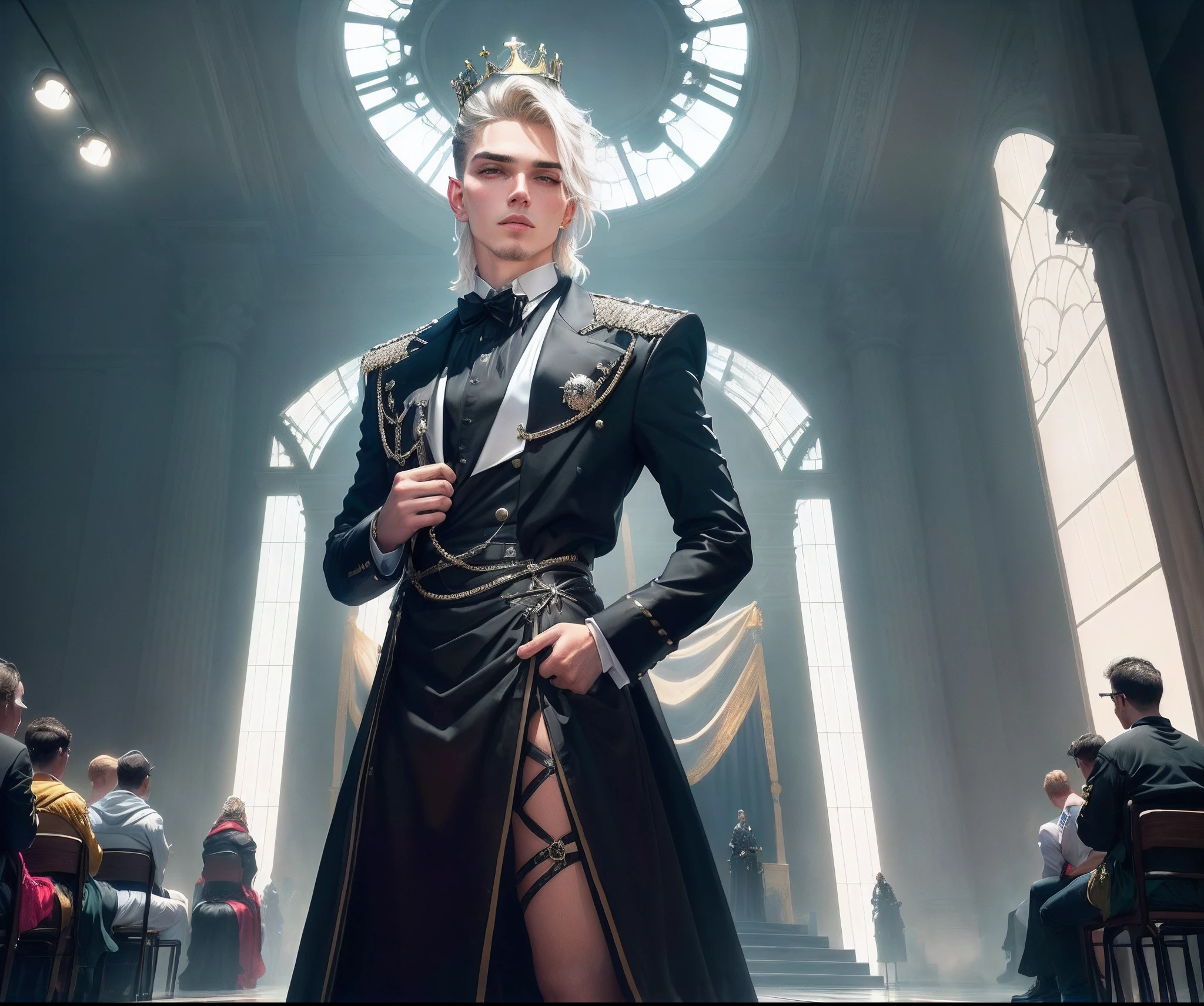 There is a man in front of a stage with a crown, inspirado em Karl Thiart, inspired by Bálint Kiss, inspirado em Karl Hagedopoorn, inspirado em Kurt Roesch, inspirado em Michel Kikoine, mall goth, Inspirado em Kris de Deltarrune, moda kitsch, inspirado em Kieran