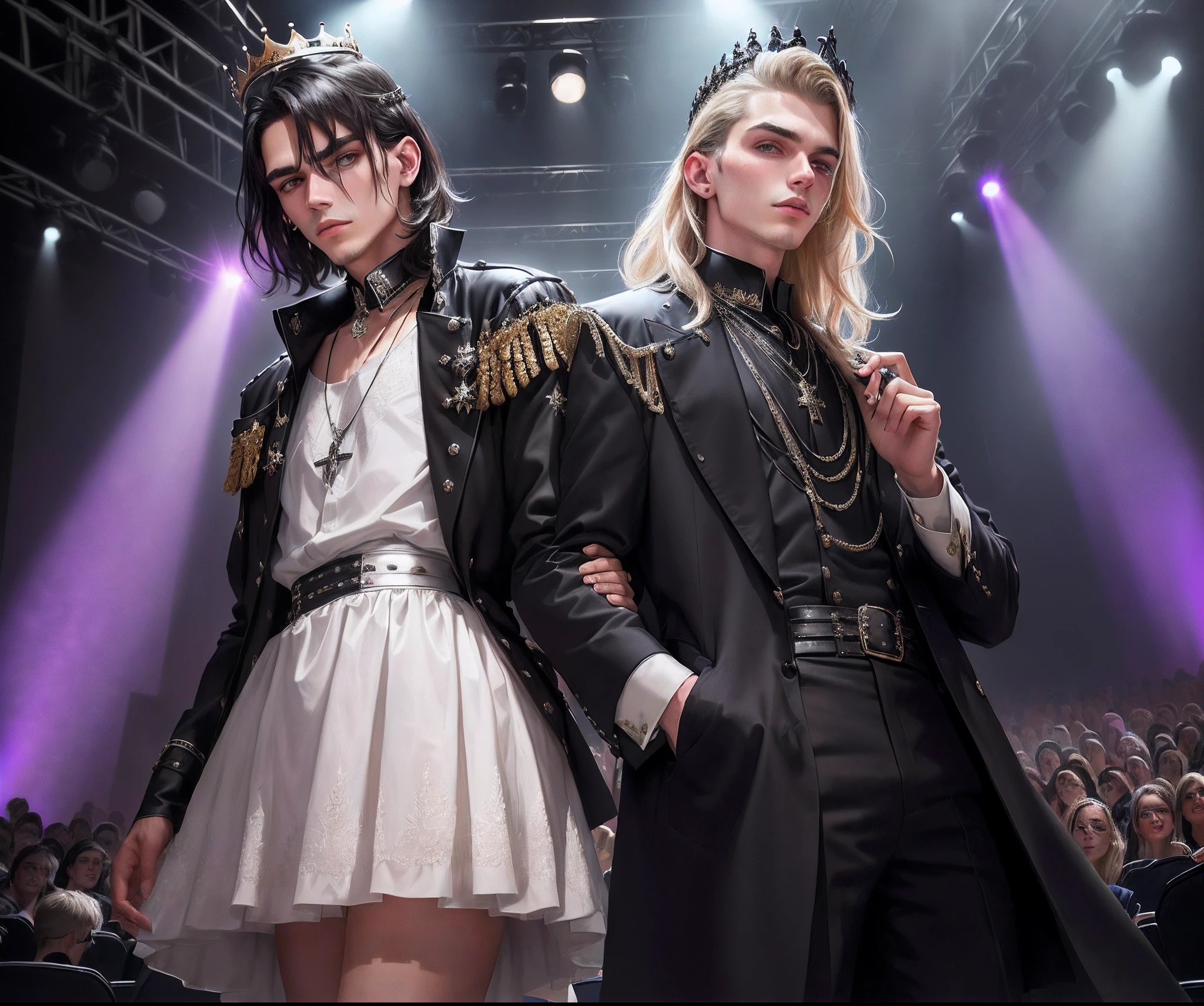 There is a man in front of a stage with a crown, inspirado em Karl Thiart, inspired by Bálint Kiss, inspirado em Karl Hagedopoorn, inspirado em Kurt Roesch, inspirado em Michel Kikoine, mall goth, Inspirado em Kris de Deltarrune, moda kitsch, inspirado em Kieran