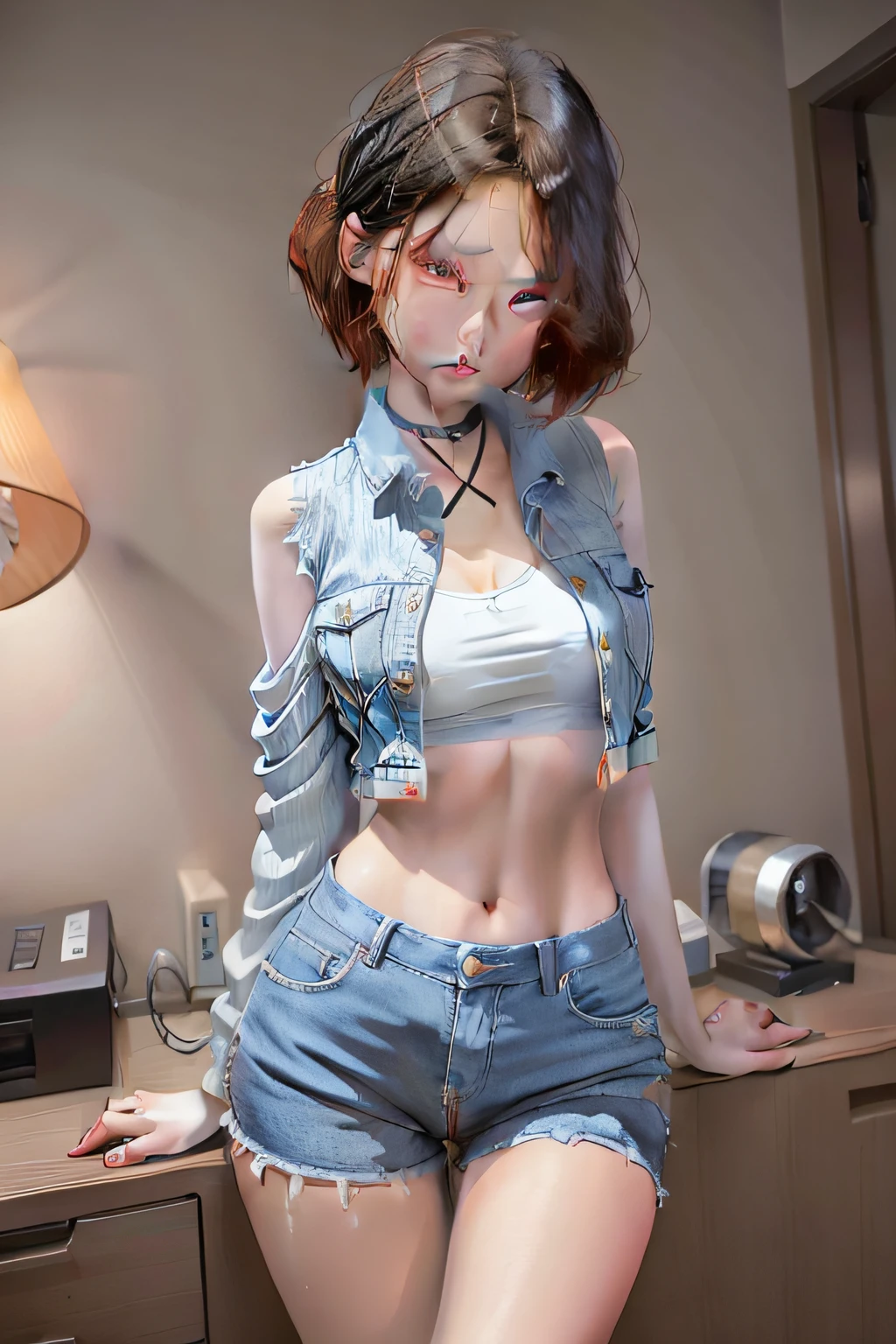one-girl,short detailed hair,Vest line,denim pant