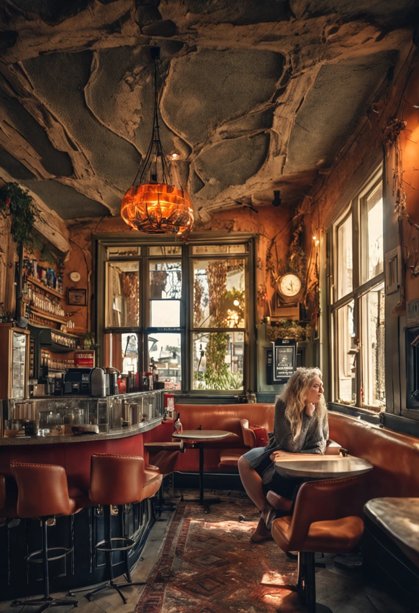 Blonde frau 20 jahre, sitz auf sessel, in einem Cafe, trinken, 3 meter entfernung, kamera, hdr, real, hochauflösen, naturecht, gesicht glatt, schaut leicht nach links, natuschönheit