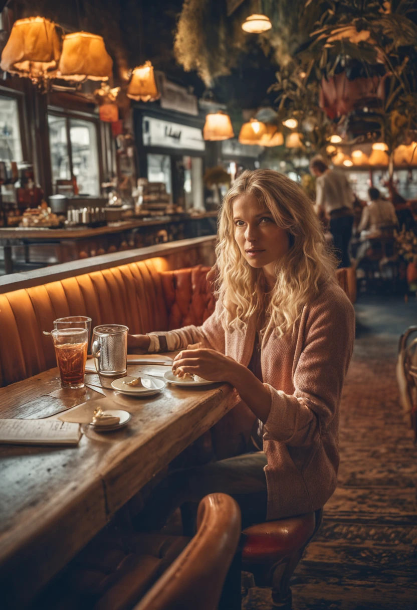 Blonde frau 20 jahre, sitz auf sessel, in einem Cafe, trinken, 3 meter entfernung, kamera, hdr, real, hochauflösen, naturecht, gesicht glatt, schaut leicht nach links, natuschönheit